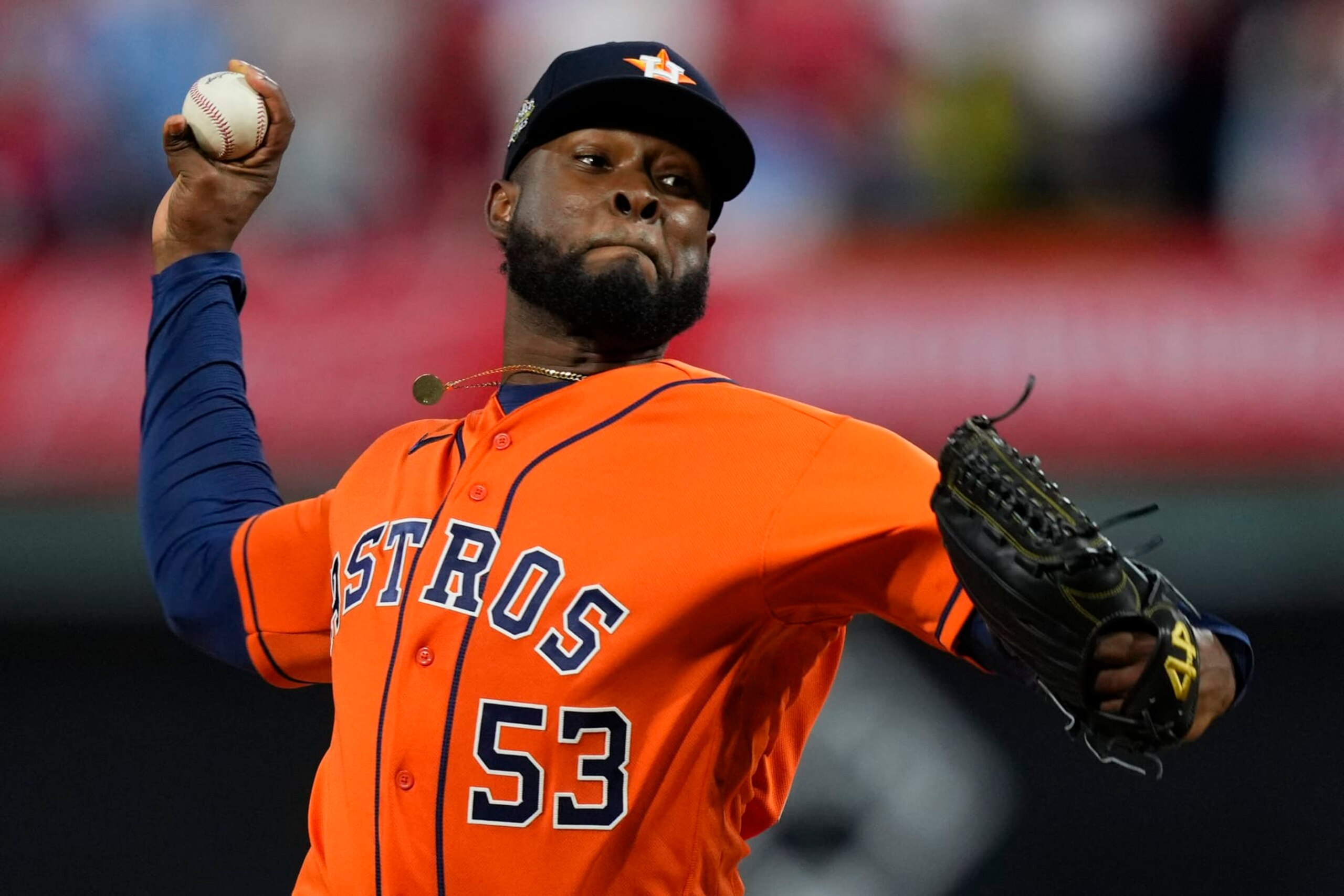Houston Astros starting pitcher Cristian Javier throws during the first inning in Game 4 of baseball's World Series between the Houston Astros and the Philadelphia Phillies on Wednesday, Nov. 2, 2022, in Philadelphia. (AP Photo/Matt Slocum)