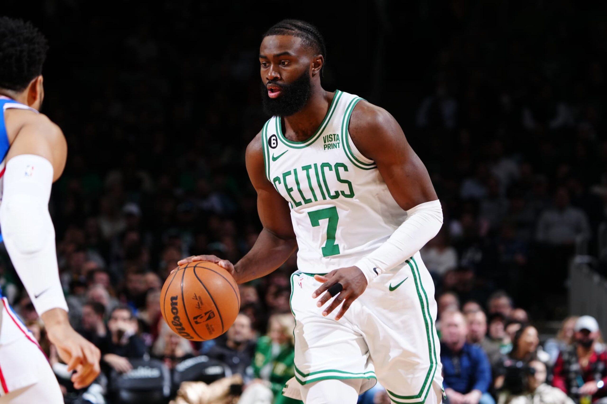 BOSTON, MA - FEBRUARY 8: Jaylen Brown #7 of the Boston Celtics drives to the basket during the game against the Philadelphia 76ers on February 8, 2023 at the TD Garden in Boston, Massachusetts. NOTE TO USER: User expressly acknowledges and agrees that, by downloading and or using this photograph, User is consenting to the terms and conditions of the Getty Images License Agreement. Mandatory Copyright Notice: Copyright 2023 NBAE  (Photo by Brian Babineau/NBAE via Getty Images)