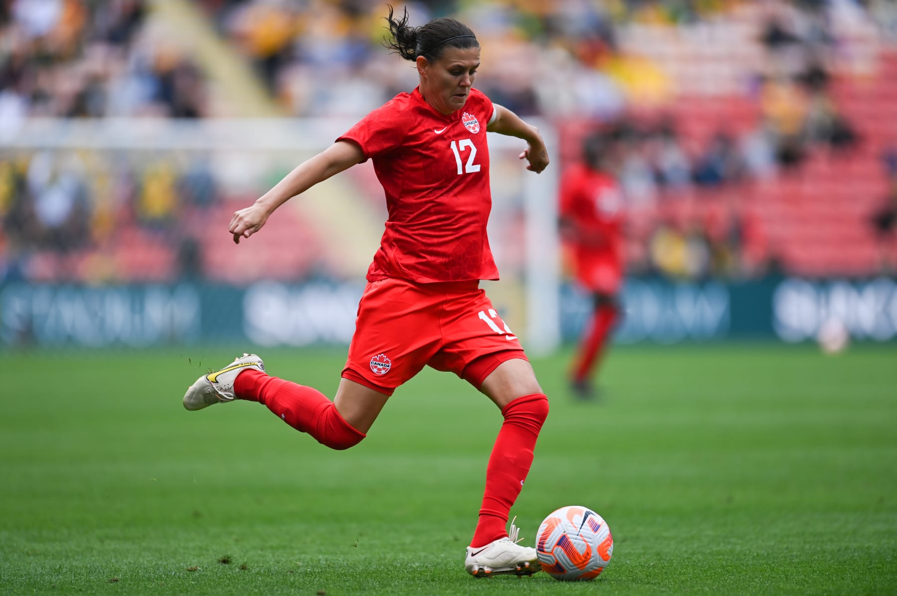 BRISBANE, AUSTRALIA - SEPTEMBER 03: Christine Sinclair of Canada in action during the International Women's Friendly match between the Australia Matildas and Canada at Suncorp Stadium on September 03, 2022 in Brisbane, Australia. (Photo by Albert Perez/Getty Images)