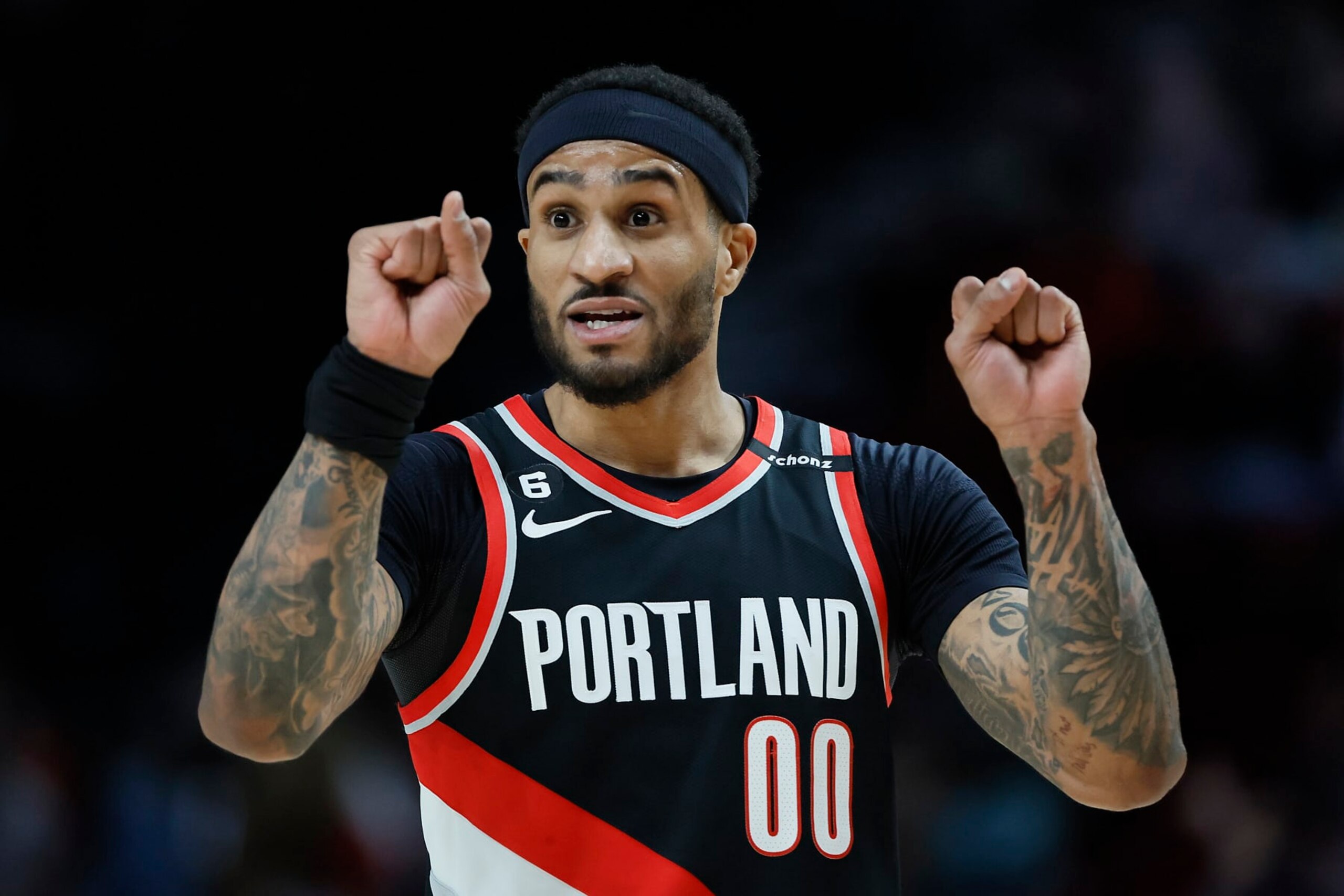 PORTLAND, OREGON - JANUARY 30: Gary Payton II #00 of the Portland Trail Blazers gestures during the first half against the Atlanta Hawks at Moda Center on January 30, 2023 in Portland, Oregon. NOTE TO USER: User expressly acknowledges and agrees that, by downloading and or using this photograph, User is consenting to the terms and conditions of the Getty Images License Agreement. (Photo by Soobum Im/Getty Images) PORTLAND, OREGON - JANUARY 30: Gary Payton II #00 of the Portland Trail Blazers gestures during the first half against the Atlanta Hawks at Moda Center on January 30, 2023 in Portland, Oregon. NOTE TO USER: User expressly acknowledges and agrees that, by downloading and or using this photograph, User is consenting to the terms and conditions of the Getty Images License Agreement. (Photo by Soobum Im/Getty Images)