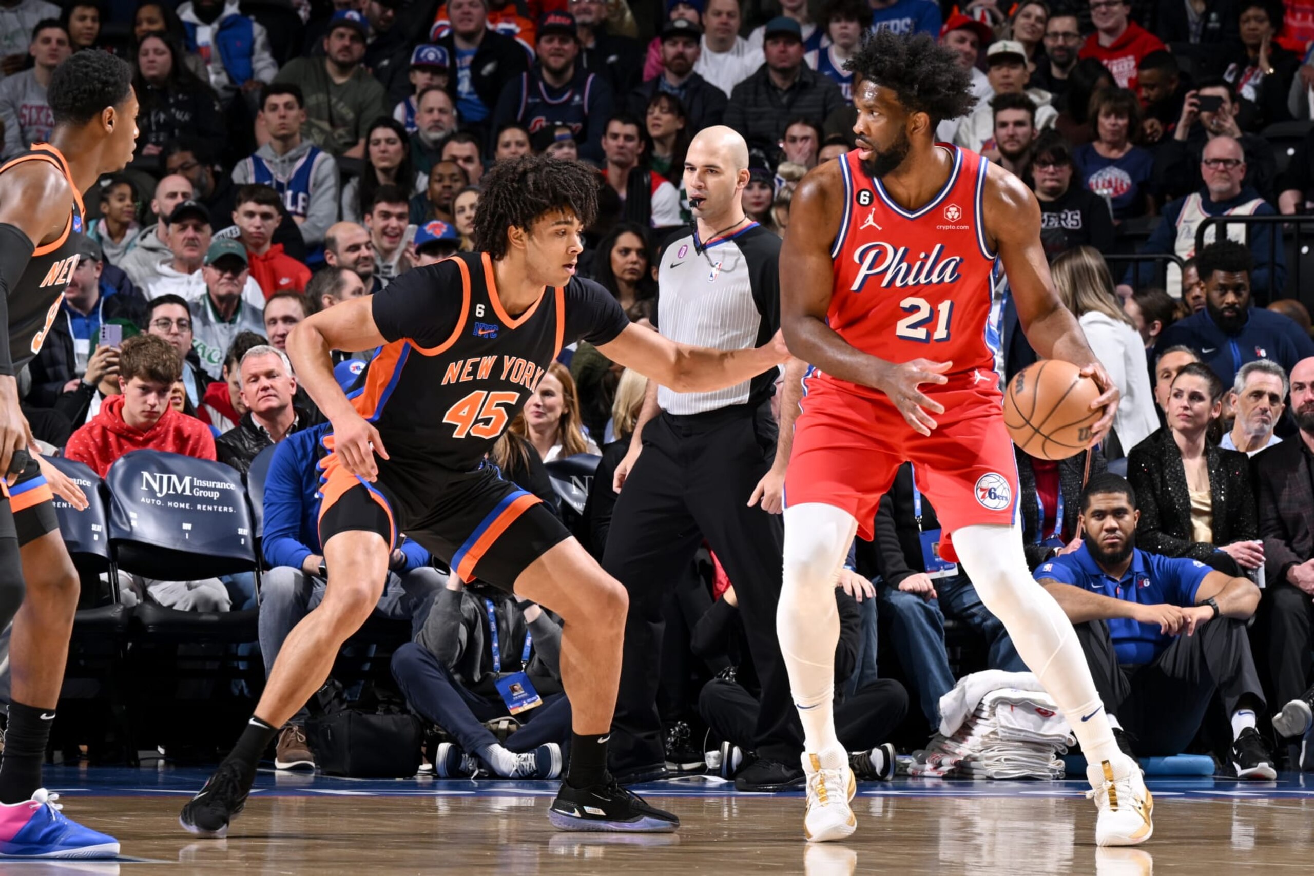 PHILADELPHIA, PA - FEBRUARY 10: Joel Embiid #21 of the Philadelphia 76ers dribbles the ball during the game against the New York Knicks on February 10, 2023 at the Wells Fargo Center in Philadelphia, Pennsylvania NOTE TO USER: User expressly acknowledges and agrees that, by downloading and/or using this Photograph, user is consenting to the terms and conditions of the Getty Images License Agreement. Mandatory Copyright Notice: Copyright 2023 NBAE (Photo by David Dow/NBAE via Getty Images)