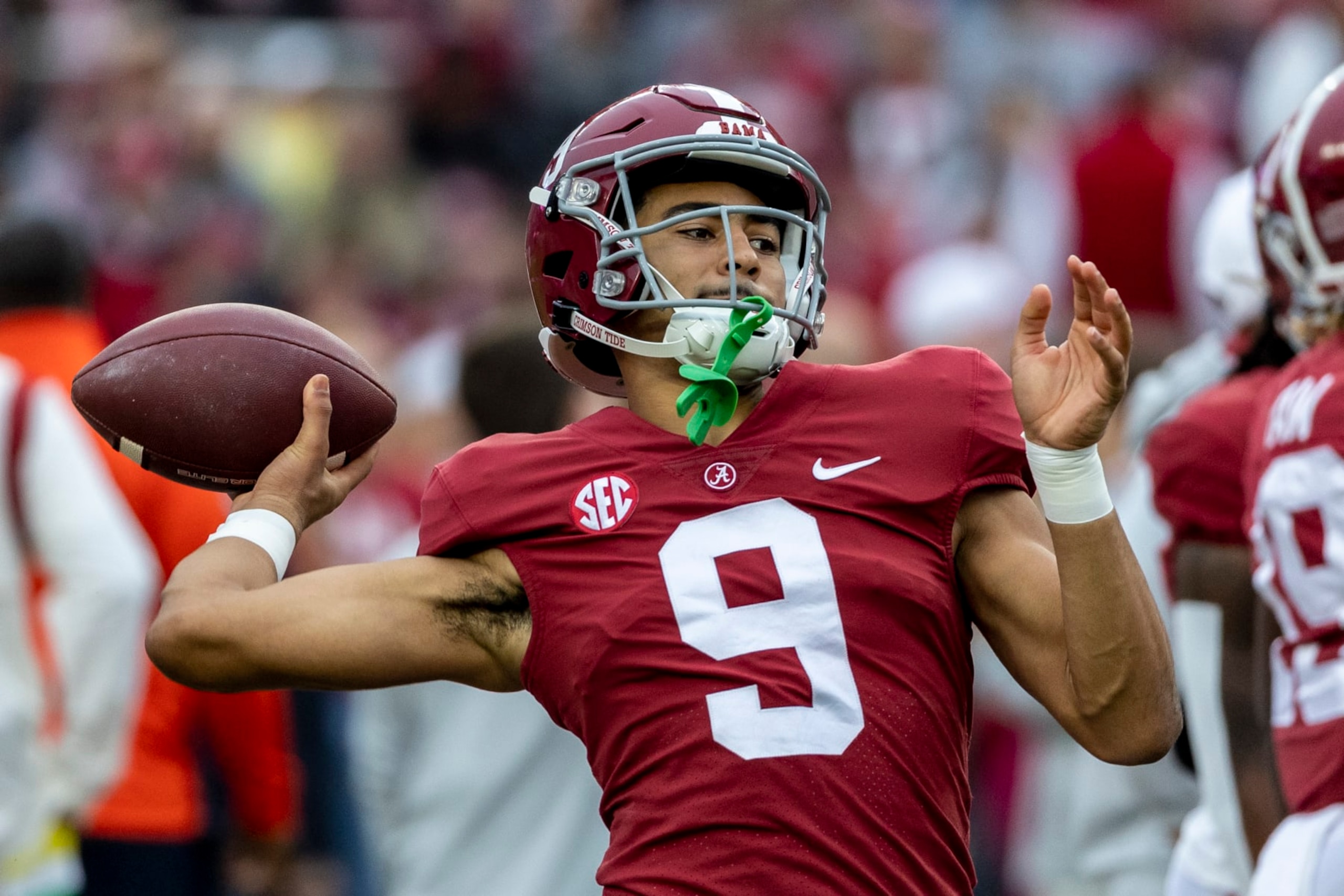 Alabama quarterback Bryce Young (9) warms up before an NCAA college football game against Auburn, Saturday, Nov. 26, 2022, in Tuscaloosa, Ala. (AP Photo/Vasha Hunt) Alabama quarterback Bryce Young (9) warms up before an NCAA college football game against Auburn, Saturday, Nov. 26, 2022, in Tuscaloosa, Ala. (AP Photo/Vasha Hunt)