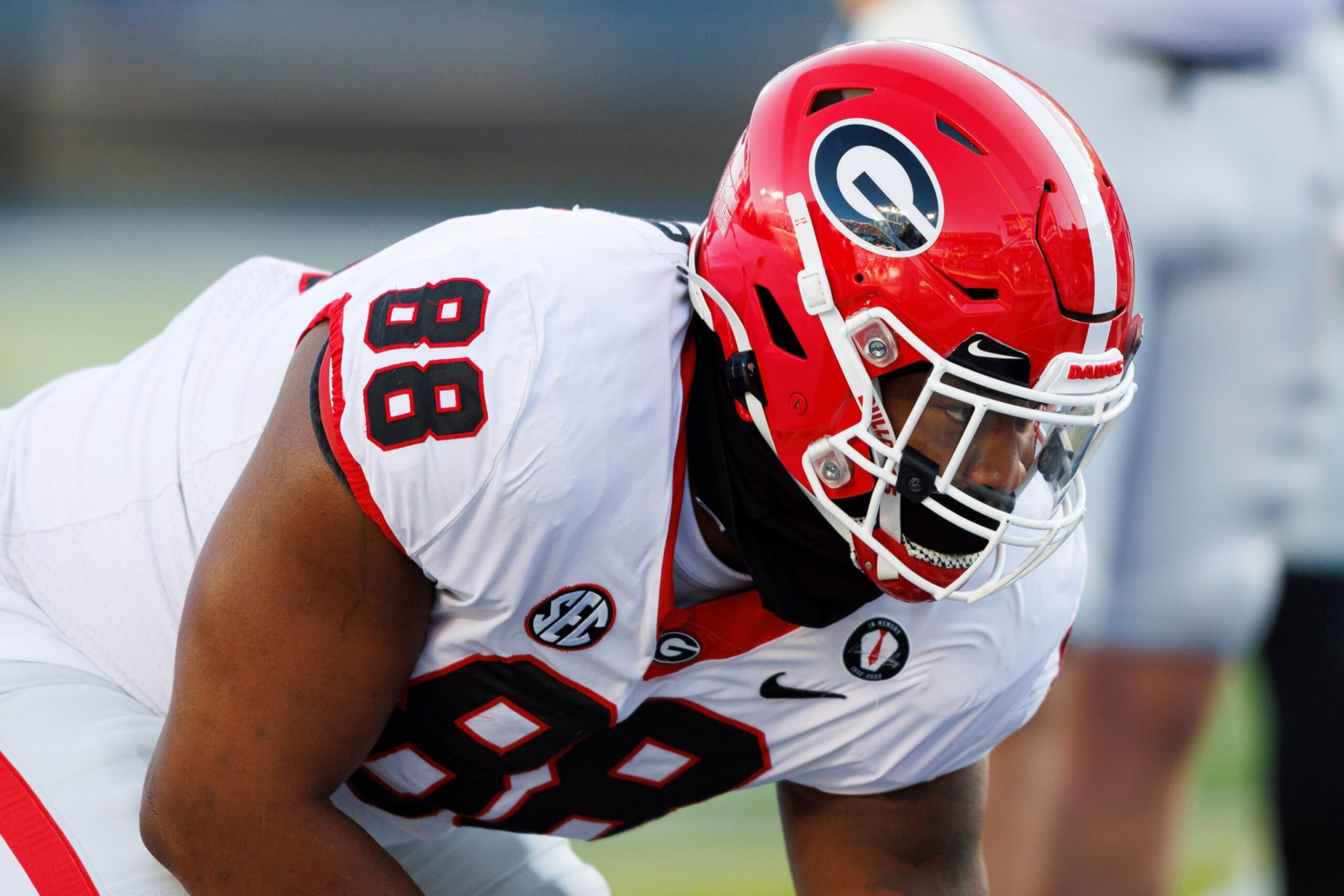 Georgia defensive lineman Jalen Carter warms up before an NCAA college football game in Lexington, Ky., Saturday, Nov. 19, 2022. (AP Photo/Michael Clubb) Georgia defensive lineman Jalen Carter warms up before an NCAA college football game in Lexington, Ky., Saturday, Nov. 19, 2022. (AP Photo/Michael Clubb)