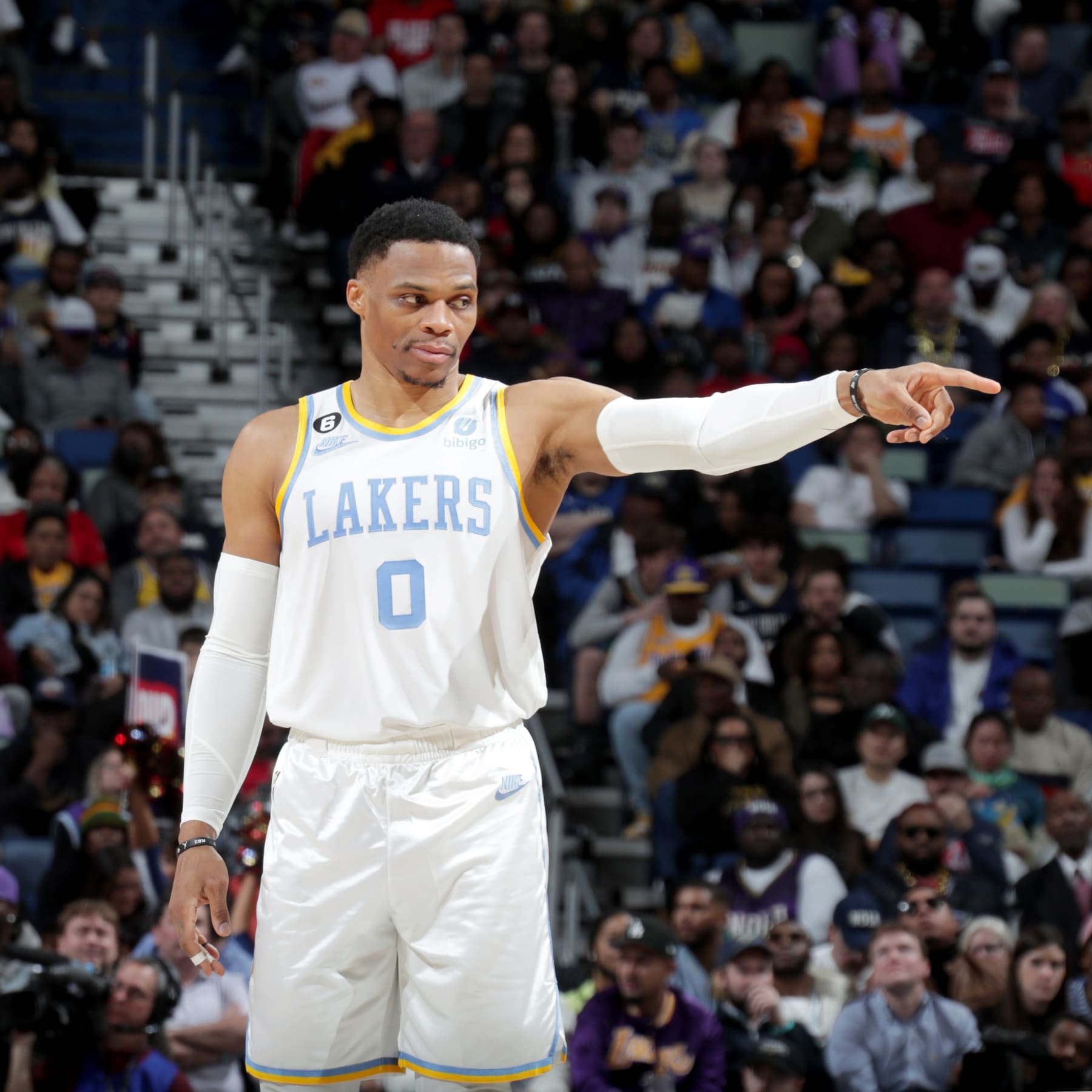 NEW ORLEANS, LA - FEBRUARY 4: Russell Westbrook #0 of the Los Angeles Lakers looks on during the game against the New Orleans Pelicans on February 4, 2023 at the Smoothie King Center in New Orleans, Louisiana. NOTE TO USER: User expressly acknowledges and agrees that, by downloading and or using this Photograph, user is consenting to the terms and conditions of the Getty Images License Agreement. Mandatory Copyright Notice: Copyright 2023 NBAE (Photo by Layne Murdoch Jr./NBAE via Getty Images)