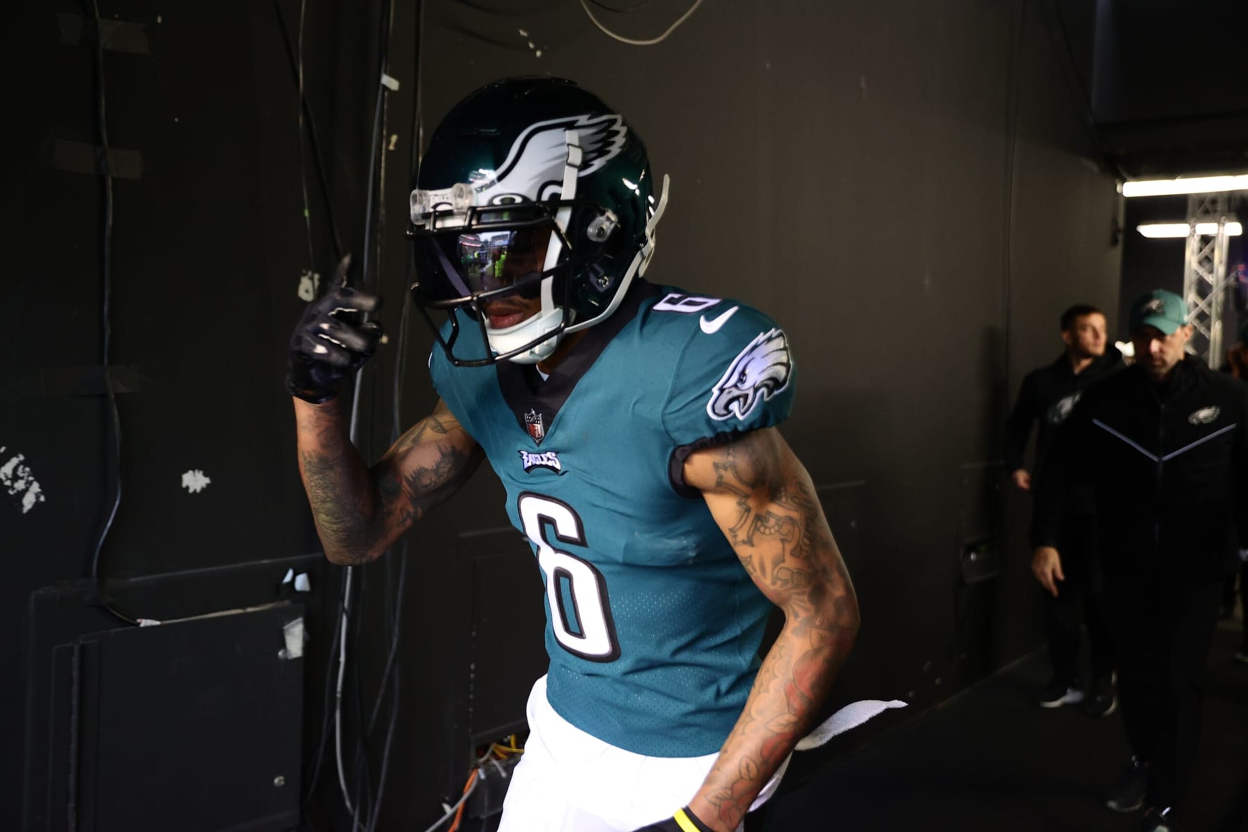 PHILADELPHIA, PENNSYLVANIA - JANUARY 29: DeVonta Smith #6 of the Philadelphia Eagles prepares to take the field prior to the NFC Championship Game against the San Francisco 49ers at Lincoln Financial Field on January 29, 2023 in Philadelphia, Pennsylvania. (Photo by Tim Nwachukwu/Getty Images)