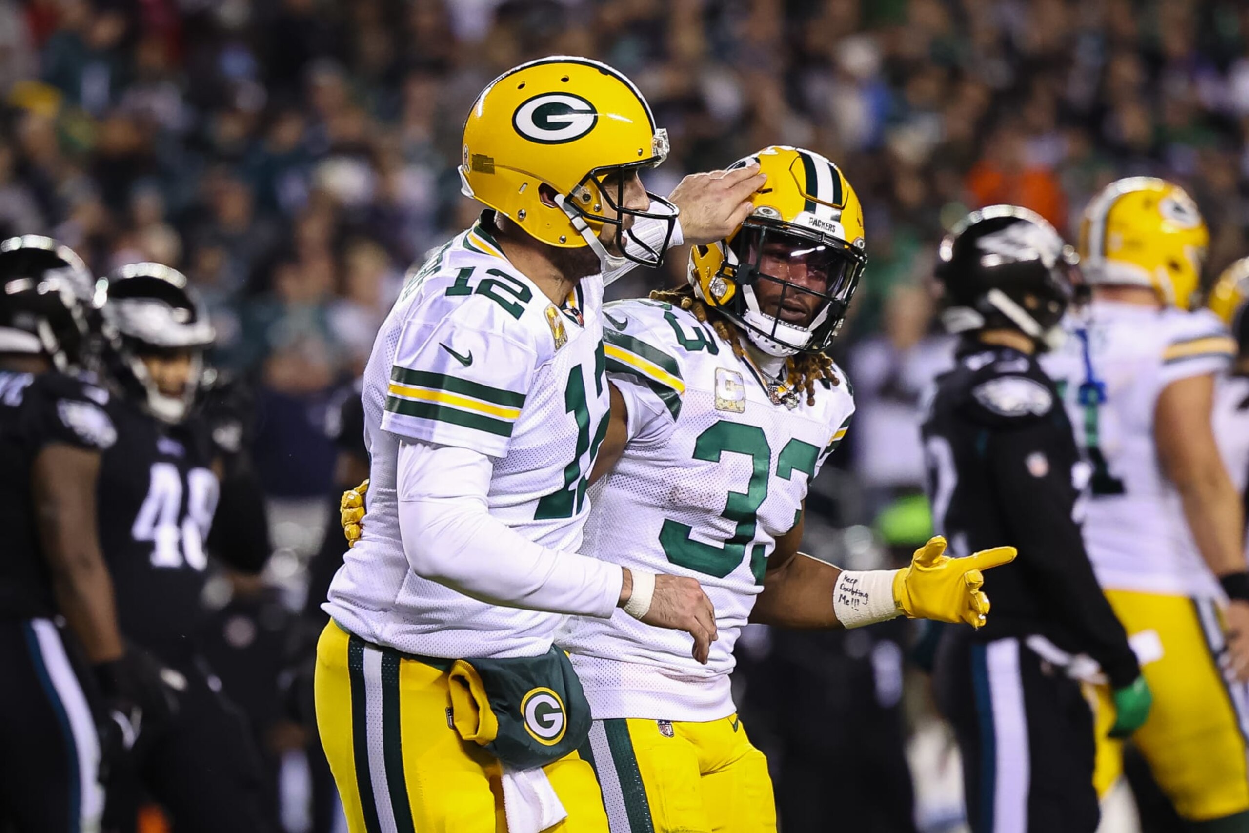 PHILADELPHIA, PA - NOVEMBER 27: Aaron Rodgers #12 of the Green Bay Packers celebrates with Aaron Jones #33 after a touchdown against the Philadelphia Eagles during the first half at Lincoln Financial Field on November 27, 2022 in Philadelphia, Pennsylvania. (Photo by Scott Taetsch/Getty Images) PHILADELPHIA, PA - NOVEMBER 27: Aaron Rodgers #12 of the Green Bay Packers celebrates with Aaron Jones #33 after a touchdown against the Philadelphia Eagles during the first half at Lincoln Financial Field on November 27, 2022 in Philadelphia, Pennsylvania. (Photo by Scott Taetsch/Getty Images)
