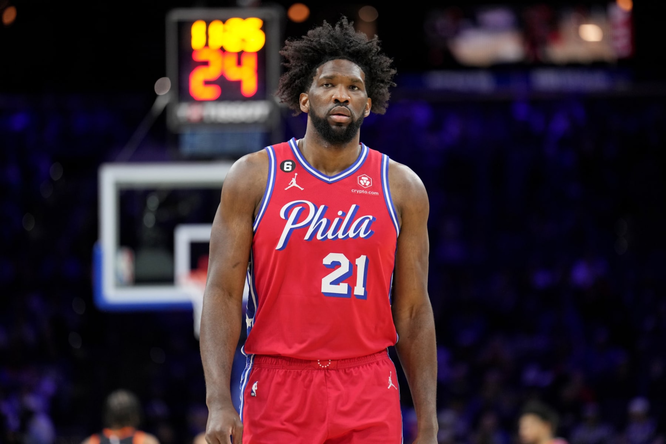 PHILADELPHIA, PA - FEBRUARY 10: Joel Embiid #21 of the Philadelphia 76ers looks on during the game against the New York Knicks on February 10, 2023 at the Wells Fargo Center in Philadelphia, Pennsylvania NOTE TO USER: User expressly acknowledges and agrees that, by downloading and/or using this Photograph, user is consenting to the terms and conditions of the Getty Images License Agreement. Mandatory Copyright Notice: Copyright 2023 NBAE (Photo by Jesse D. Garrabrant/NBAE via Getty Images) PHILADELPHIA, PA - FEBRUARY 10: Joel Embiid #21 of the Philadelphia 76ers looks on during the game against the New York Knicks on February 10, 2023 at the Wells Fargo Center in Philadelphia, Pennsylvania NOTE TO USER: User expressly acknowledges and agrees that, by downloading and/or using this Photograph, user is consenting to the terms and conditions of the Getty Images License Agreement. Mandatory Copyright Notice: Copyright 2023 NBAE (Photo by Jesse D. Garrabrant/NBAE via Getty Images)