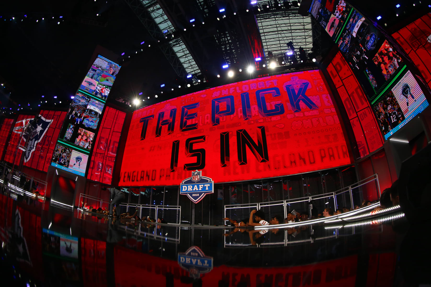 ARLINGTON, TX - APRIL 27:  The New England Patriot Logo on the video board during the second round of the 2018 NFL Draft on April 27, 2018, at AT&T Stadium in Arlington, TX.   (Photo by Rich Graessle/Icon Sportswire via Getty Images)