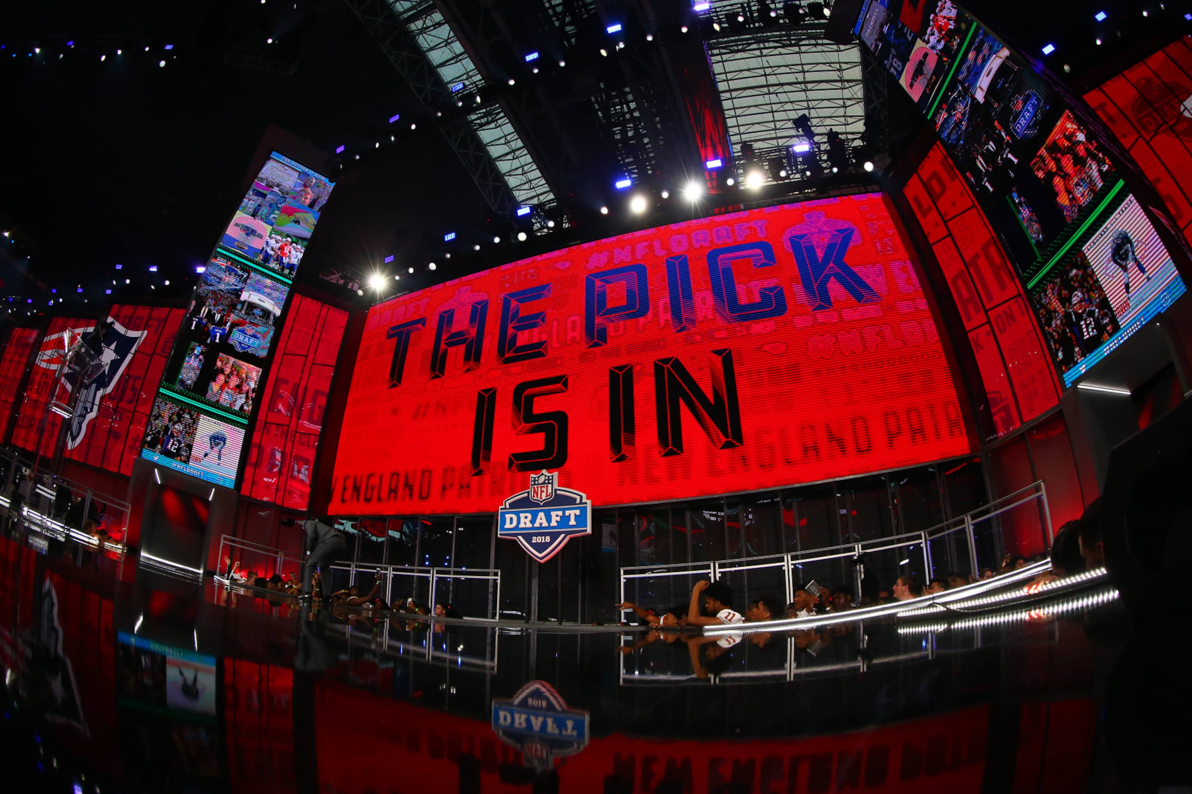 ARLINGTON, TX - APRIL 27:  The New England Patriot Logo on the video board during the second round of the 2018 NFL Draft on April 27, 2018, at AT&T Stadium in Arlington, TX.   (Photo by Rich Graessle/Icon Sportswire via Getty Images)
