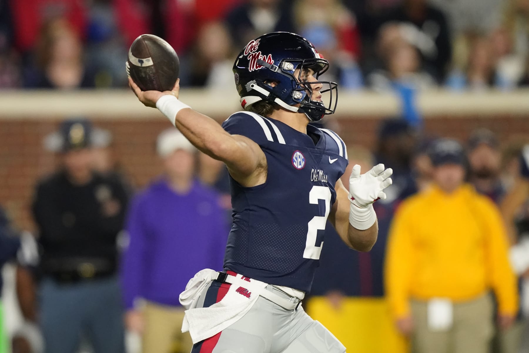 Mississippi quarterback Jaxson Dart (2) passes against Mississippi State during the first half of an NCAA college football game in Oxford, Miss., Thursday, Nov. 24, 2022. Mississippi State won 24-22. (AP Photo/Rogelio V. Solis)