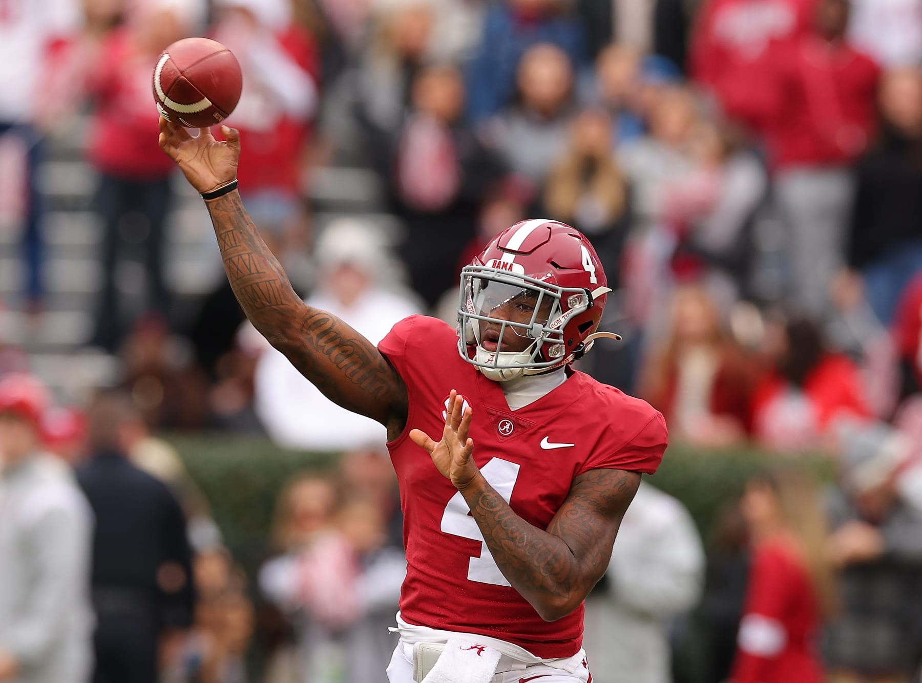 TUSCALOOSA, ALABAMA - NOVEMBER 19:  Jalen Milroe #4 of the Alabama Crimson Tide passes against the Austin Peay Governors during the second half at Bryant-Denny Stadium on November 19, 2022 in Tuscaloosa, Alabama. (Photo by Kevin C. Cox/Getty Images)