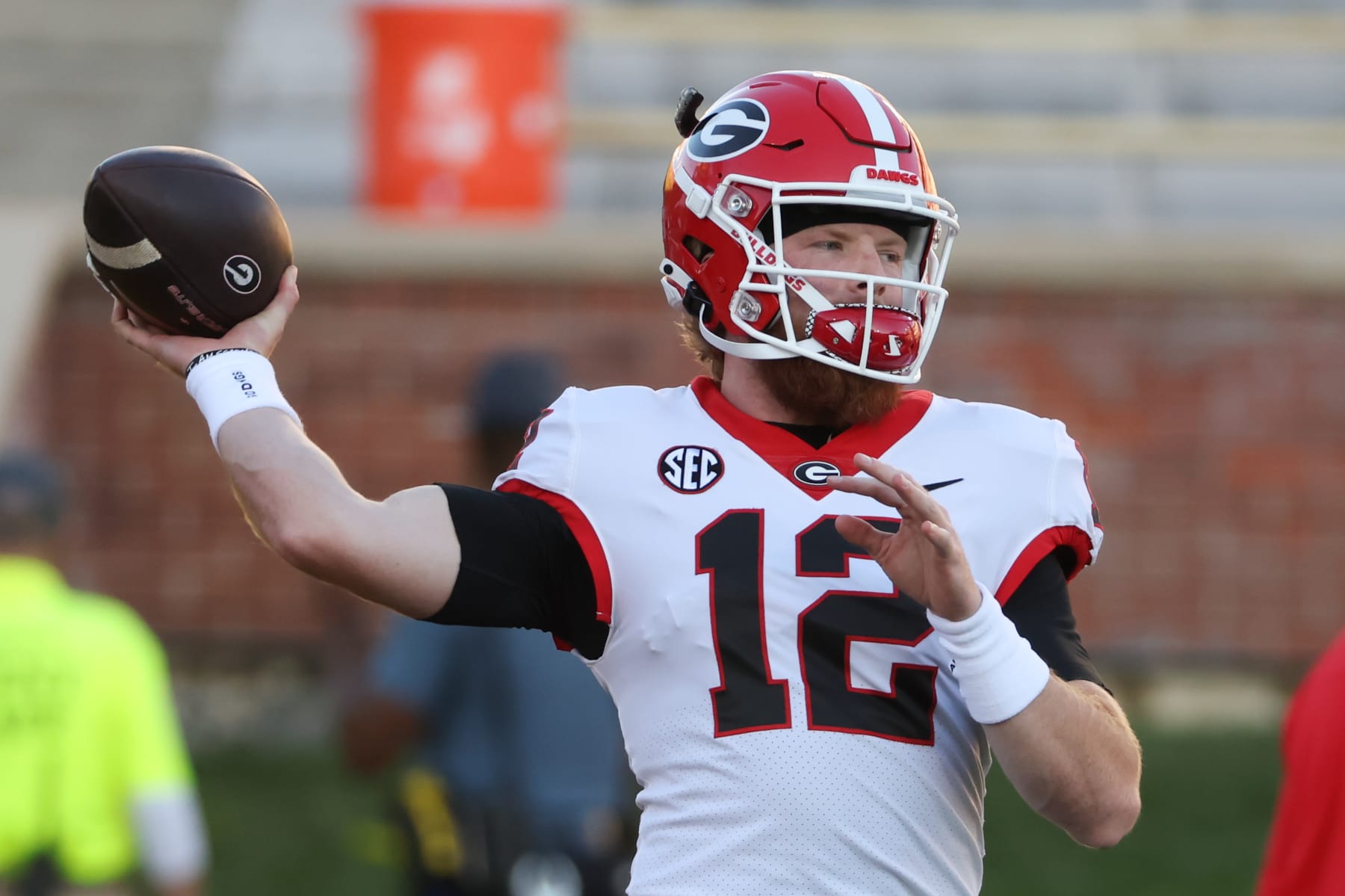 COLUMBIA, MO - OCTOBER 01: Georgia Bulldogs quarterback Brock Vandagriff (12) before an SEC game between the Georgia Bulldogs and Missouri Tigers on October 1, 2022 at Memorial Stadium at Faurot Field in Columbia, MO.  Photo by Scott Winters/Icon Sportswire via Getty Images)