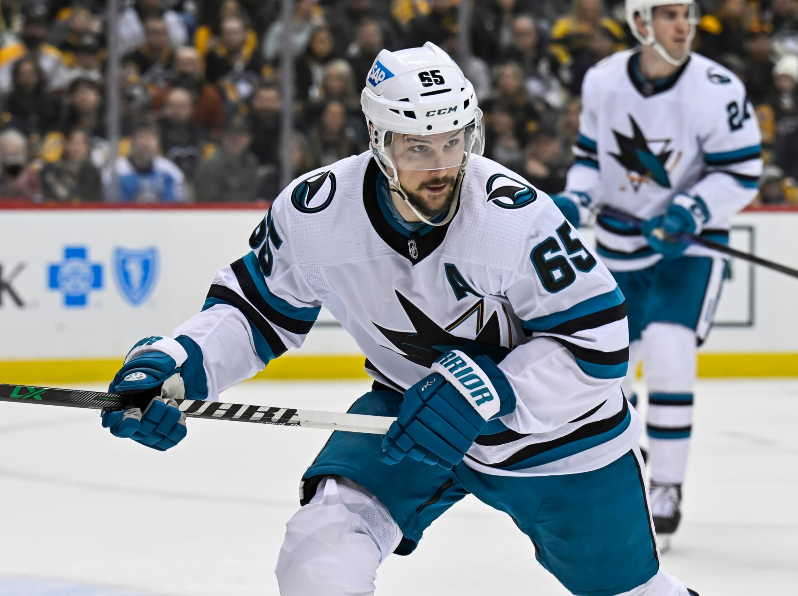 PITTSBURGH, PA - JANUARY 28: San Jose Sharks Defenseman Erik Karlsson (65) looks on during the first period in the NHL game between the Pittsburgh Penguins and the San Jose Sharks on January 28, 2023, at PPG Paints Arena in Pittsburgh, PA. (Photo by Jeanine Leech/Icon Sportswire via Getty Images)