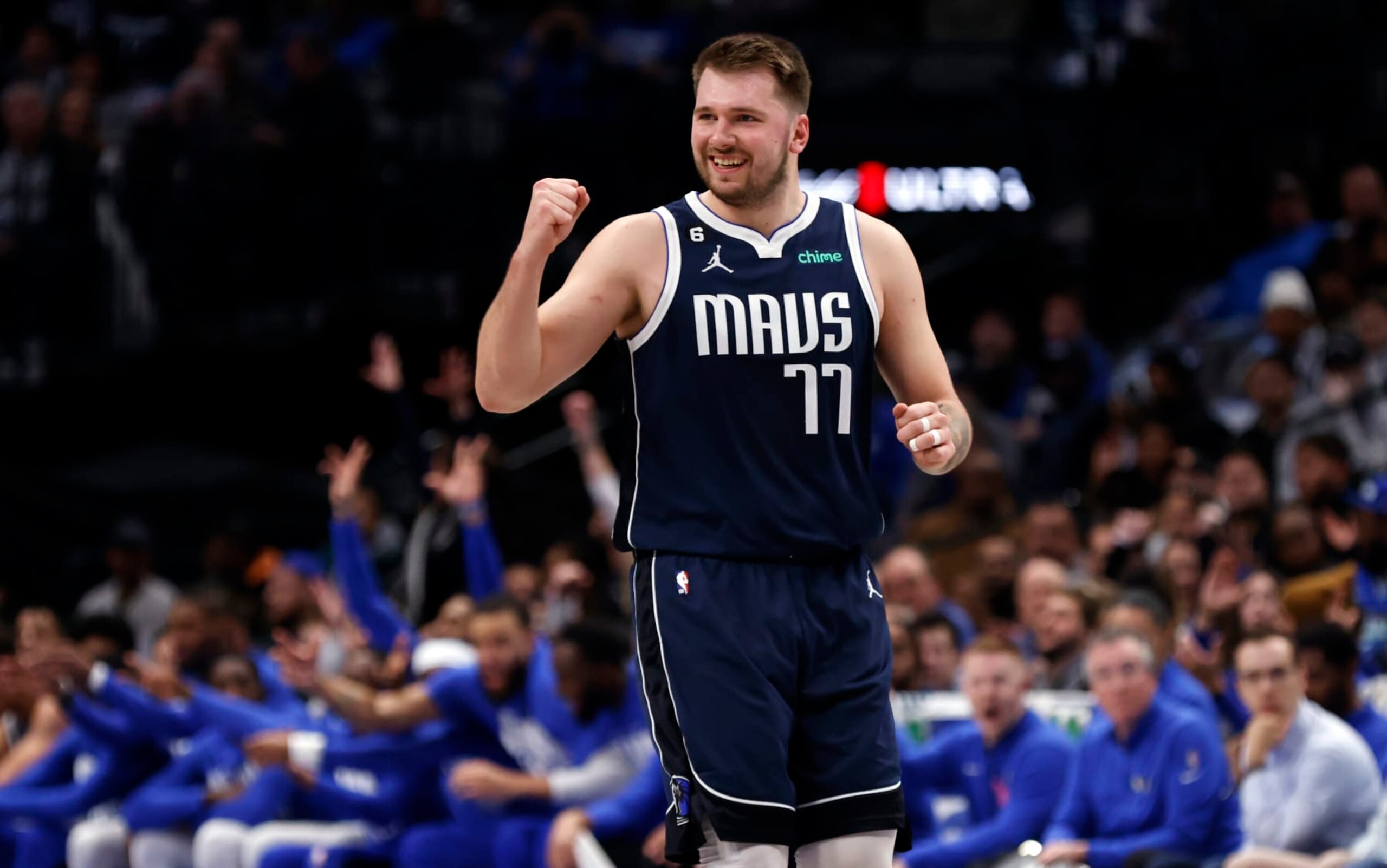 DALLAS, TX - FEBRUARY 2: Luka Doncic #77 of the Dallas Mavericks reacts after the Mavericks scored against the New Orleans Pelicans in the first half at American Airlines Center on February 2, 2023 in Dallas, Texas. NOTE TO USER: User expressly acknowledges and agrees that, by downloading and or using this photograph, user is consenting to the terms and conditions of the Getty Images License Agreement. (Photo by Ron Jenkins/Getty Images)
