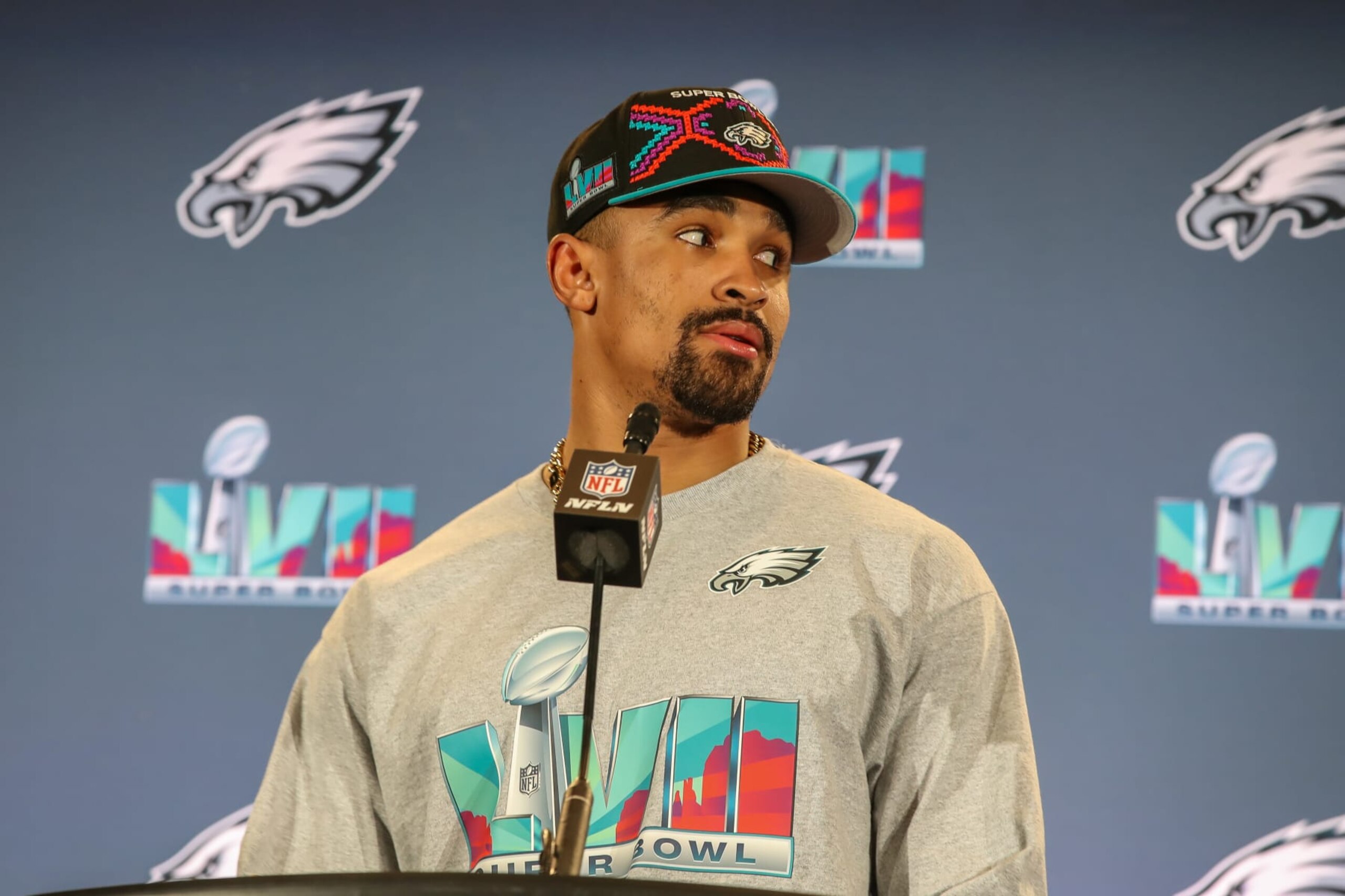 PHOENIX, AZ - FEBRUARY 09: Philadelphia Eagles quarterback Jalen Hurts (1) talks with the media during the Super Bowl LVII Eagles Media Availability at Sheraton Grand at Wild Horse Pass on Thursday February 9, 2023  in Phoenix.AZ.  (Photo by Jevone Moore/Icon Sportswire via Getty Images)