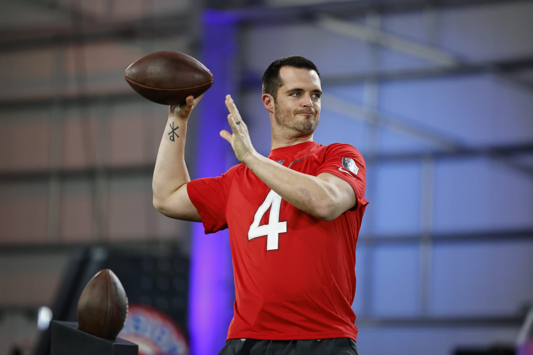 LAS VEGAS, NEVADA - FEBRUARY 02: AFC quarterback Derek Carr #4 of the Las Vegas Raiders passes during the Pro Bowl Games skills events on February 02, 2023 in Las Vegas, Nevada. (Photo by Michael Owens/Getty Images)