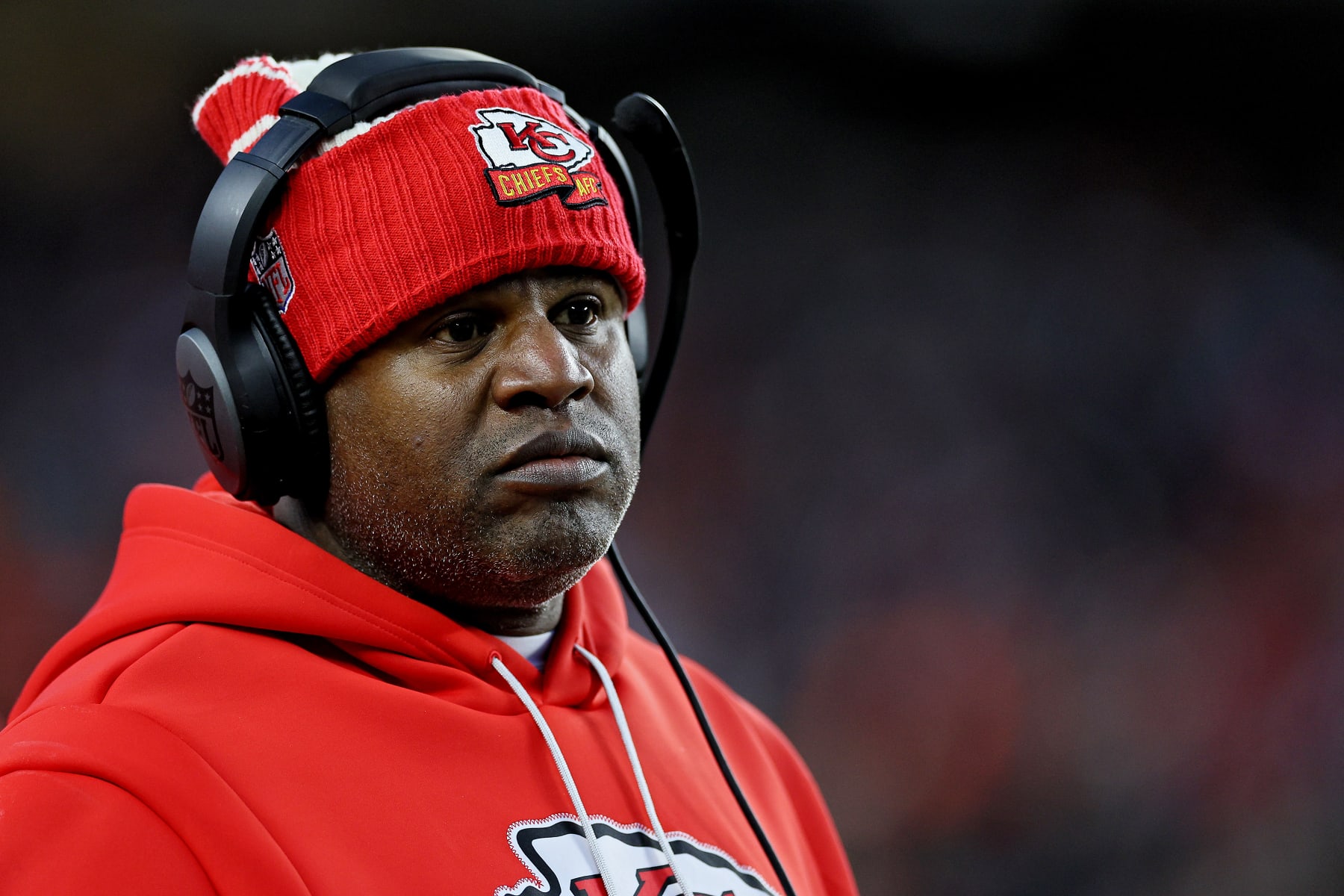 CINCINNATI, OHIO - DECEMBER 04: Eric Bieniemy looks on during the first half against the Cincinnati Bengals at Paycor Stadium on December 04, 2022 in Cincinnati, Ohio. (Photo by Andy Lyons/Getty Images)