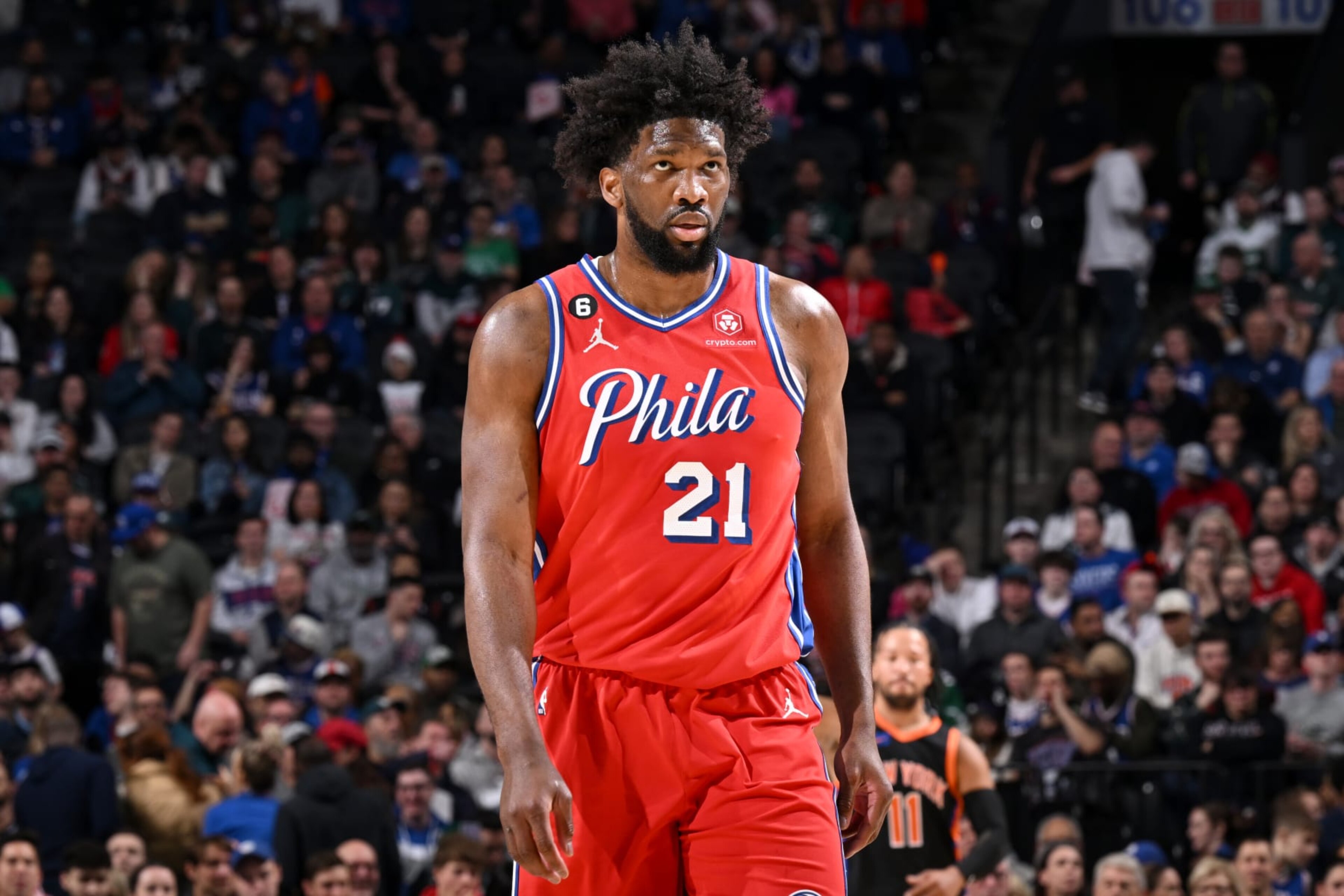 PHILADELPHIA, PA - FEBRUARY 10: Joel Embiid #21 of the Philadelphia 76ers looks on during the game against the New York Knicks on February 10, 2023 at the Wells Fargo Center in Philadelphia, Pennsylvania NOTE TO USER: User expressly acknowledges and agrees that, by downloading and/or using this Photograph, user is consenting to the terms and conditions of the Getty Images License Agreement. Mandatory Copyright Notice: Copyright 2023 NBAE (Photo by David Dow/NBAE via Getty Images) PHILADELPHIA, PA - FEBRUARY 10: Joel Embiid #21 of the Philadelphia 76ers looks on during the game against the New York Knicks on February 10, 2023 at the Wells Fargo Center in Philadelphia, Pennsylvania NOTE TO USER: User expressly acknowledges and agrees that, by downloading and/or using this Photograph, user is consenting to the terms and conditions of the Getty Images License Agreement. Mandatory Copyright Notice: Copyright 2023 NBAE (Photo by David Dow/NBAE via Getty Images)