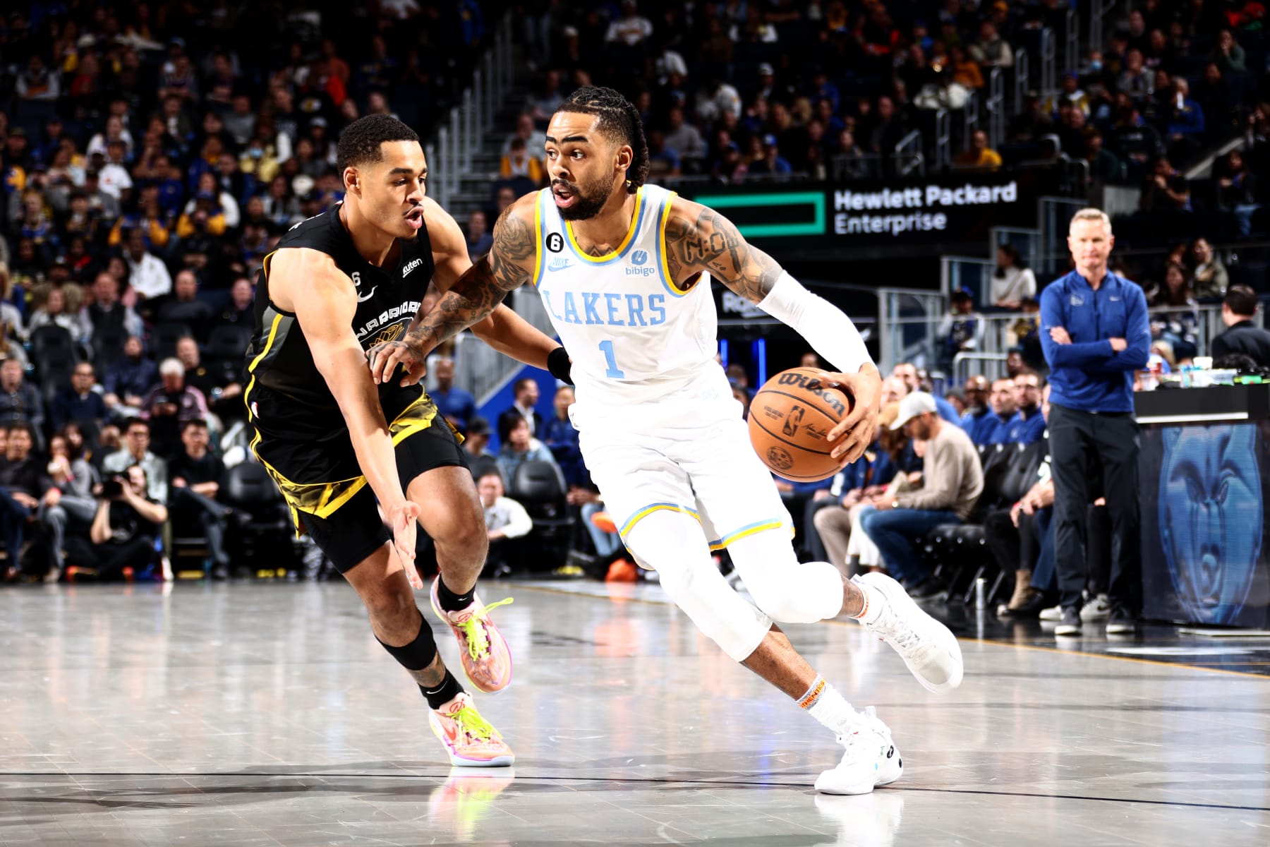 SAN FRANCISCO, CA - FEBRUARY 11: D'Angelo Russell #1 of the Los Angeles Lakers drives to the basket against the Golden State Warriors on February 11, 2023 at Chase Center in San Francisco, California. NOTE TO USER: User expressly acknowledges and agrees that, by downloading and or using this photograph, user is consenting to the terms and conditions of Getty Images License Agreement. Mandatory Copyright Notice: Copyright 2023 NBAE (Photo by Ned Dishman/NBAE via Getty Images)