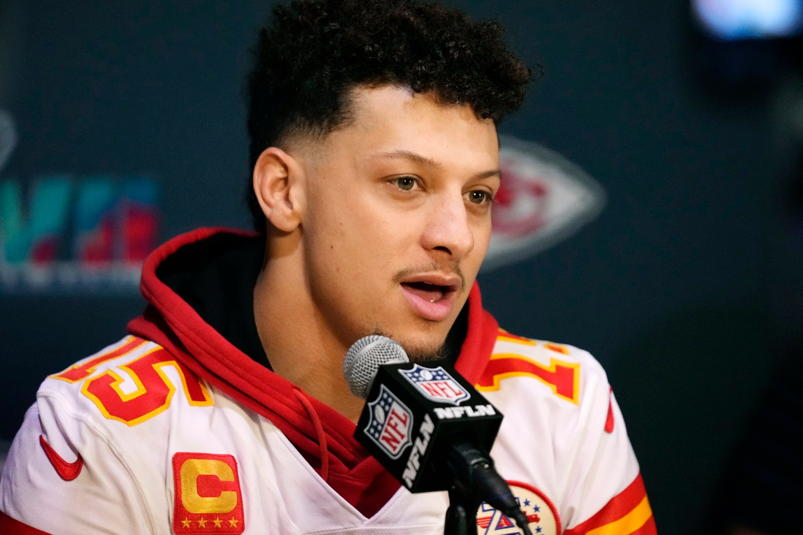 Kansas City Chiefs' Patrick Mahomes answers a question during an NFL football Super Bowl media availability in Scottsdale, Ariz., Tuesday, Feb. 7, 2023. The Chiefs will play against the Philadelphia Eagles in Super Bowl 57 on Sunday. (AP Photo/Ross D. Franklin)