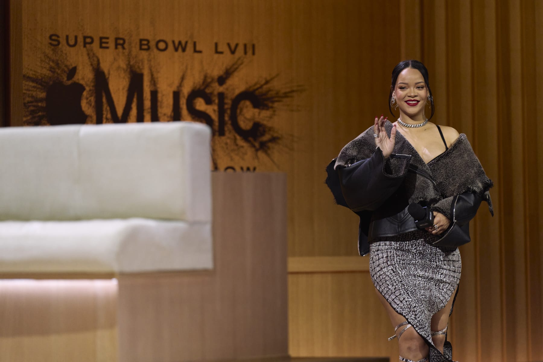 PHOENIX, AZ - FEBRUARY 09: Rihanna speaks during a press conference for the Apple Music Super Bowl 57 halftime show at the Phoenix Convention Center on February 9, 2023 in Phoenix, Arizona. (Photo by Cooper Neill/Getty Images)
