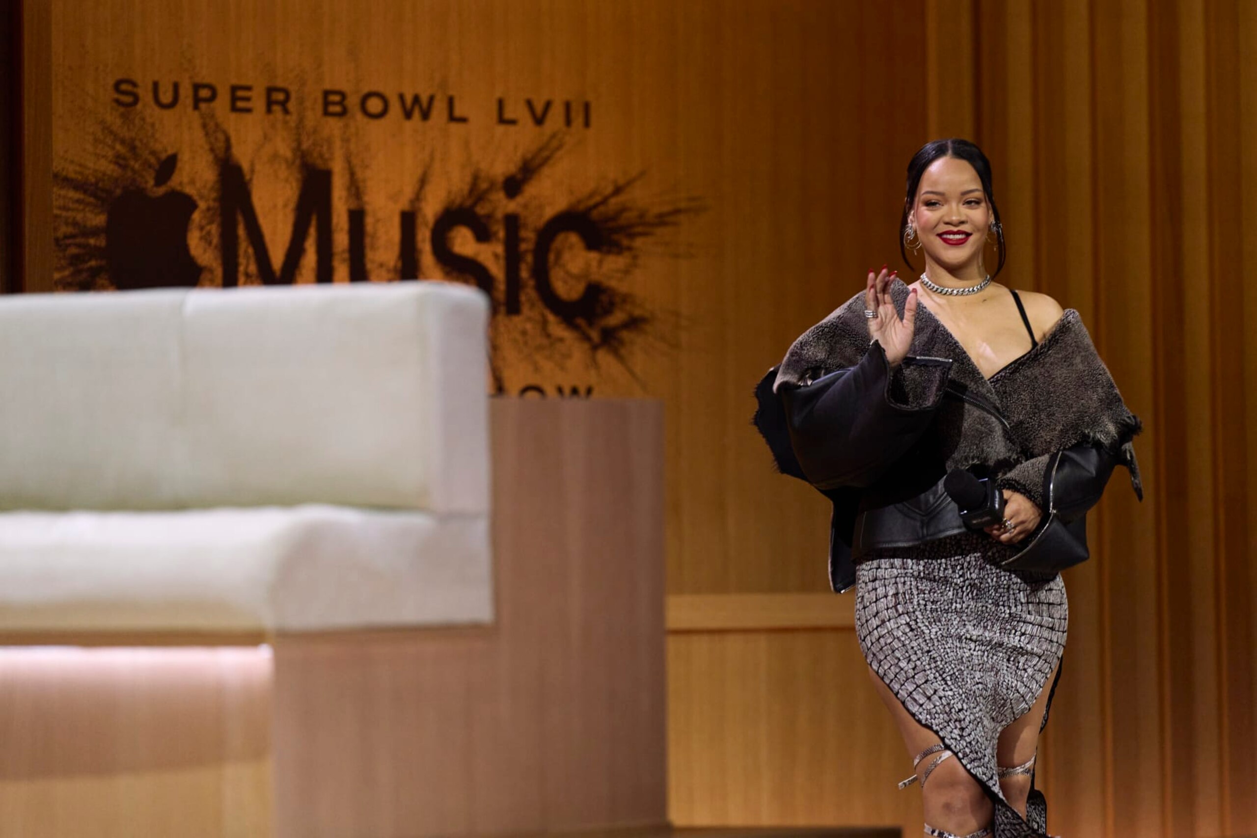 PHOENIX, AZ - FEBRUARY 09: Rihanna speaks during a press conference for the Apple Music Super Bowl 57 halftime show at the Phoenix Convention Center on February 9, 2023 in Phoenix, Arizona. (Photo by Cooper Neill/Getty Images)