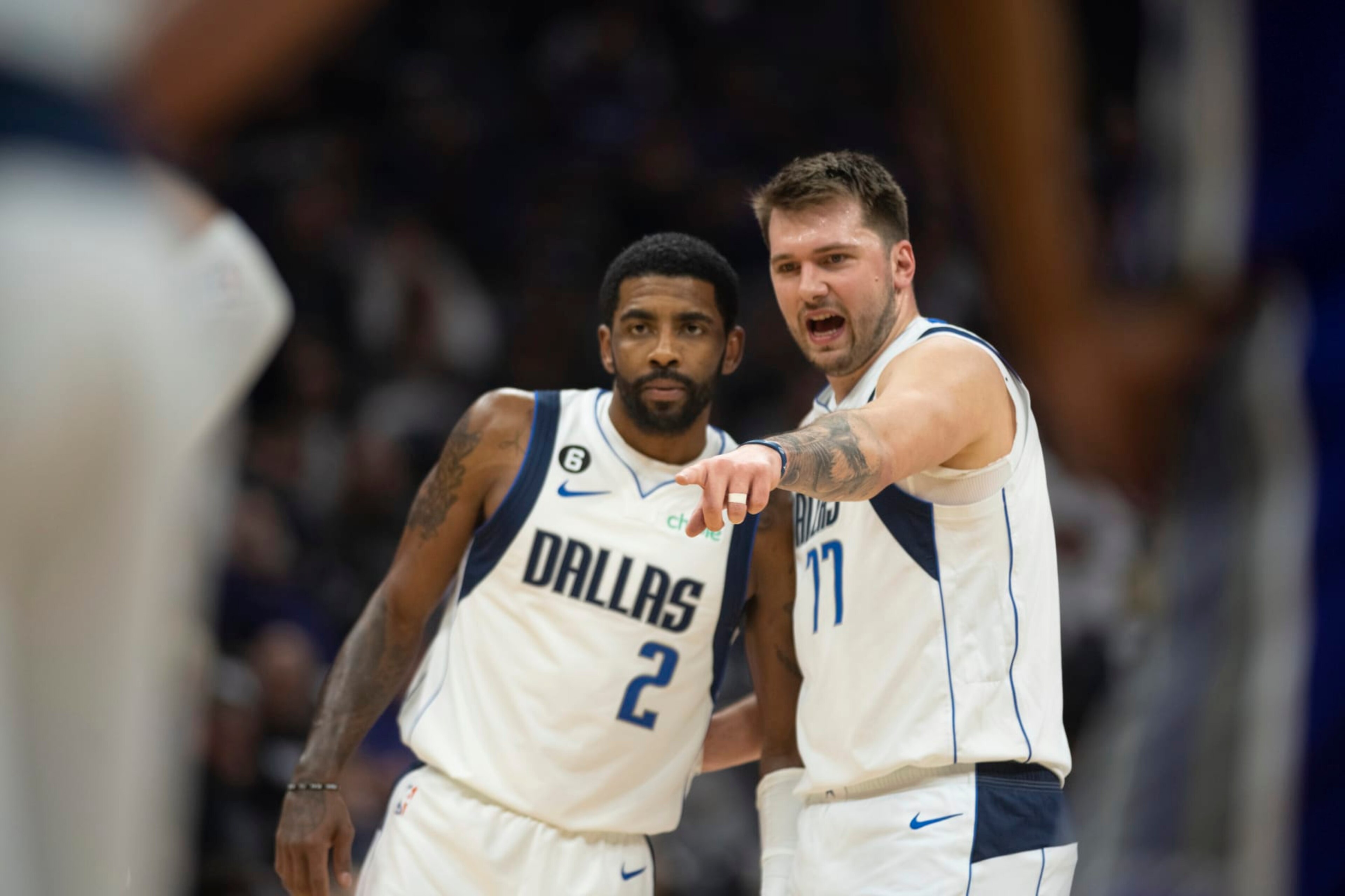 Dallas Mavericks guard Kyrie Irving (2) listens to guard Luka Doncic (77) in the first quarter of an NBA basketball game against the Sacramento Kings in Sacramento, Calif., Saturday, Feb. 11, 2023. (AP Photo/José Luis Villegas) Dallas Mavericks guard Kyrie Irving (2) listens to guard Luka Doncic (77) in the first quarter of an NBA basketball game against the Sacramento Kings in Sacramento, Calif., Saturday, Feb. 11, 2023. (AP Photo/José Luis Villegas)