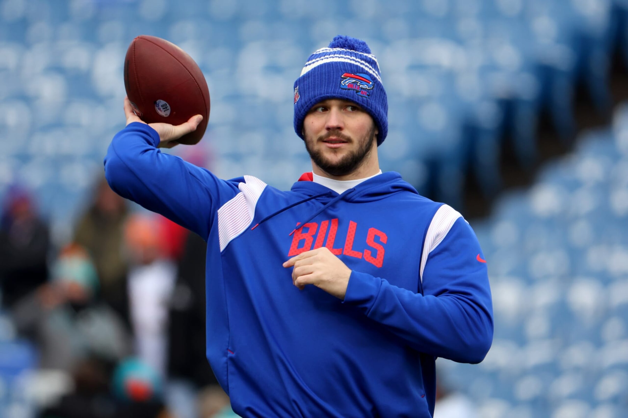 ORCHARD PARK, NEW YORK - JANUARY 15: Josh Allen #17 of the Buffalo Bills warms up prior to a game against the Miami Dolphins in the AFC Wild Card playoff game at Highmark Stadium on January 15, 2023 in Orchard Park, New York. (Photo by Timothy T Ludwig/Getty Images)