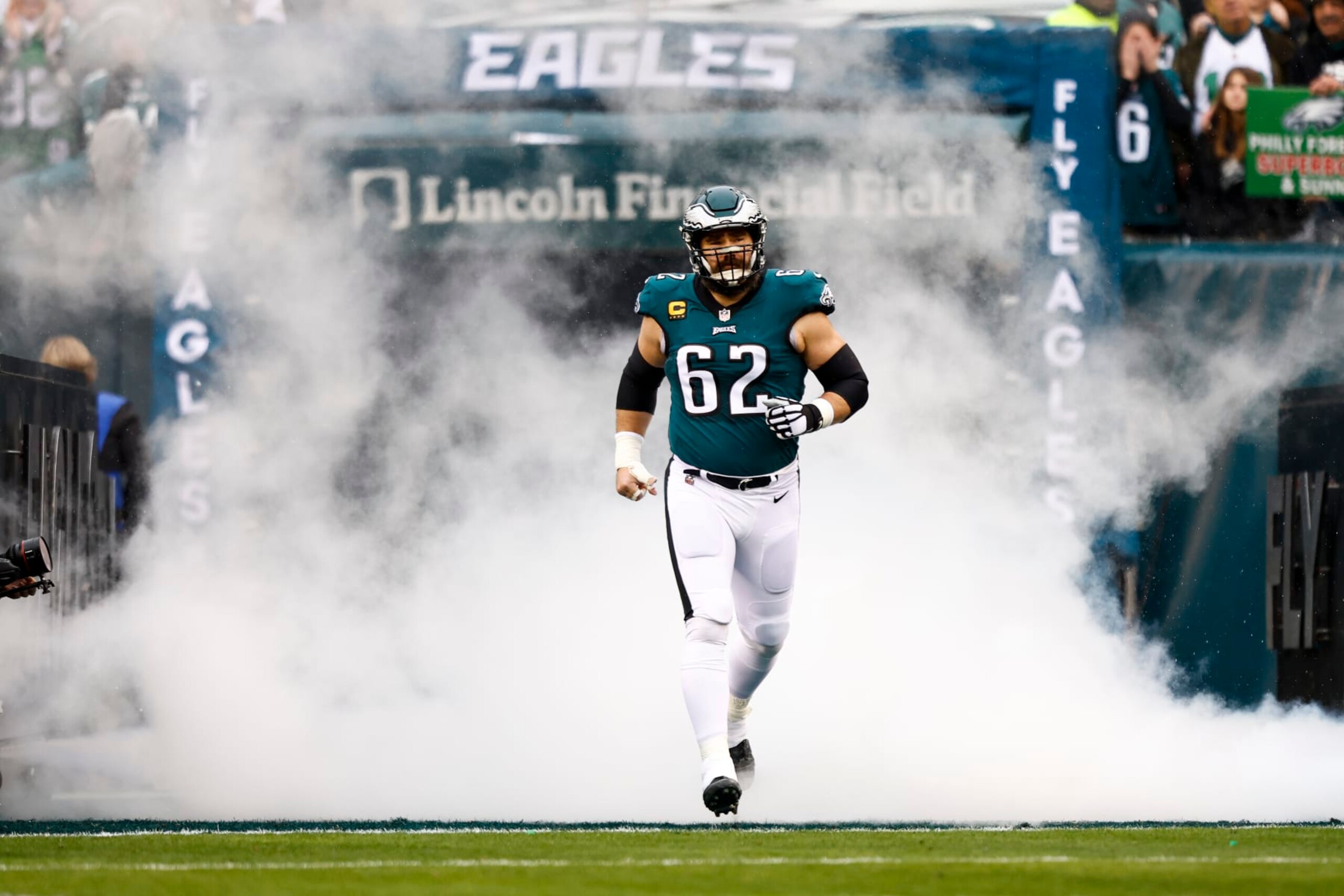 PHILADELPHIA, PA - JANUARY 29: Jason Kelce #62 of the Philadelphia Eagles runs out of the tunnel prior to the NFC Championship NFL football game against the San Francisco 49ers at Lincoln Financial Field on January 29, 2023 in Philadelphia, Pennsylvania. (Photo by Kevin Sabitus/Getty Images)