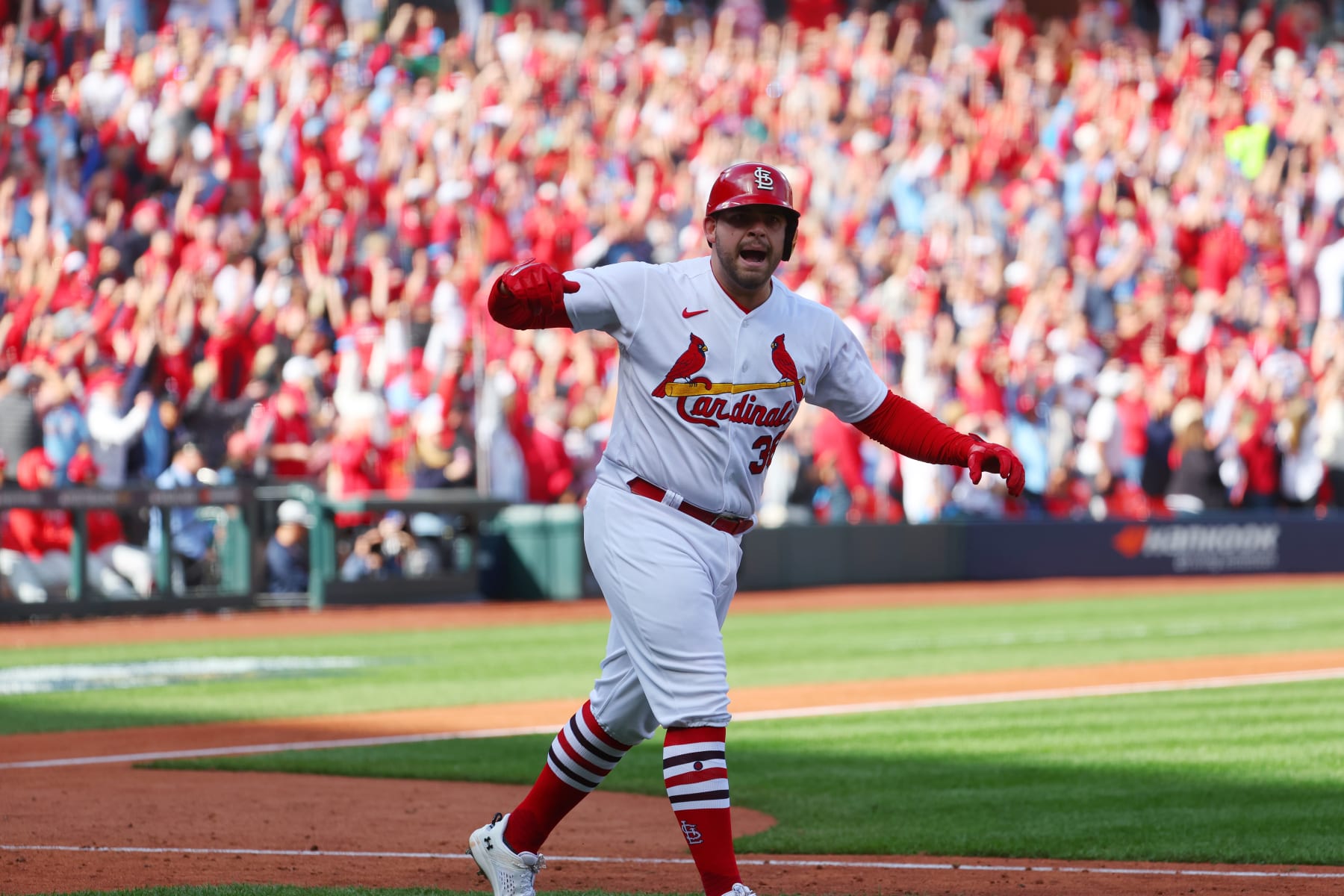 ST. LOUIS, MO - OCTOBER 07:  Juan Yepez #36 of the St. Louis Cardinals reacts after hitting a two-run home run in the seventh inning during the Wild Card Series game between the Philadelphia Phillies and the St. Louis Cardinals at Busch Stadium on Friday, October 7, 2022 in St. Louis, Missouri. (Photo by Dilip Vishwanat/MLB Photos via Getty Images)