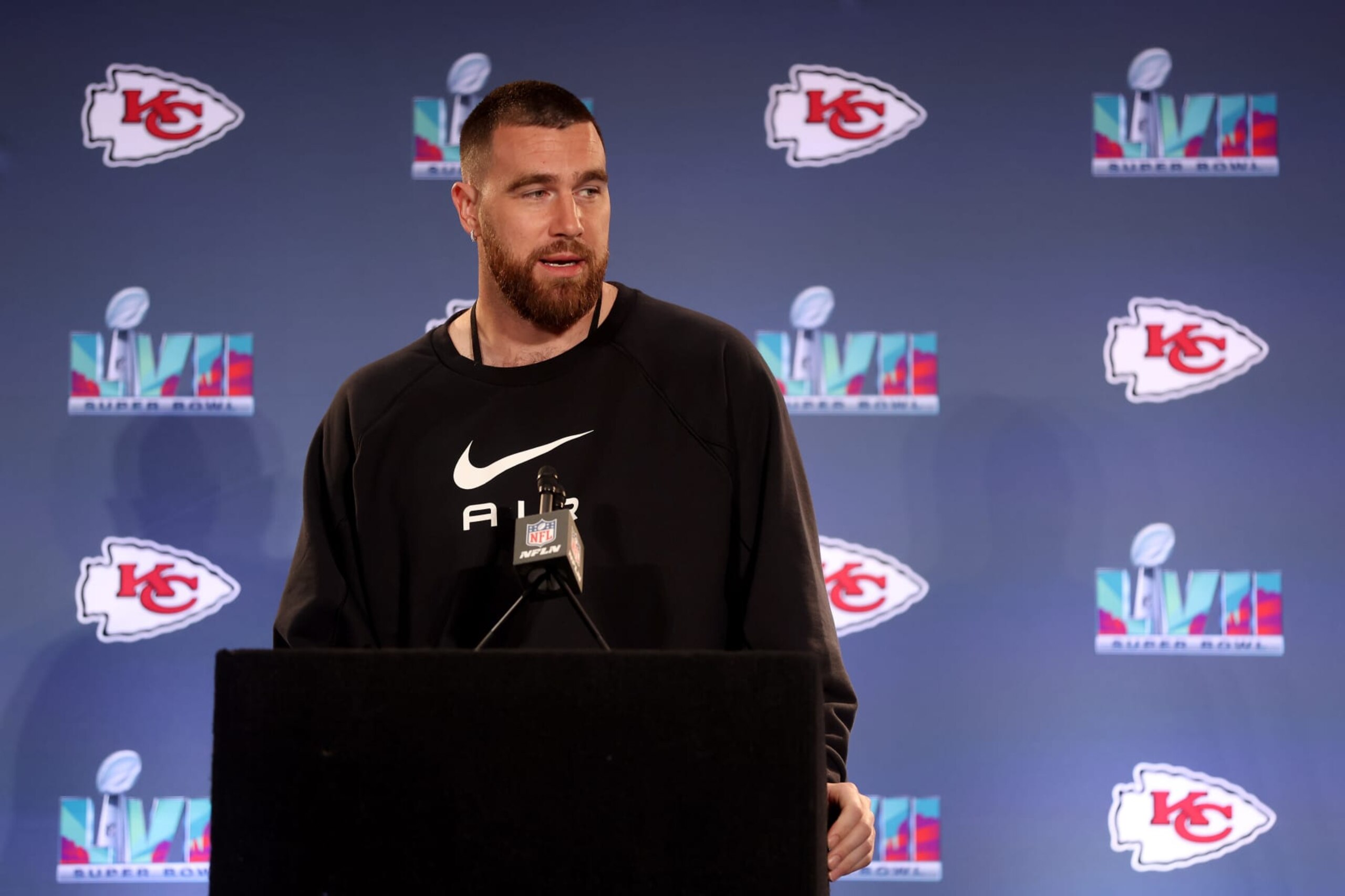 SCOTTSDALE, ARIZONA - FEBRUARY 09: Travis Kelce #87 of the Kansas City Chiefs speaks to the media during the Kansas City Chiefs media availability prior to Super Bowl LVII at the Hyatt Regency Gainey Ranch on February 09, 2023 in Scottsdale, Arizona. (Photo by Christian Petersen/Getty Images)