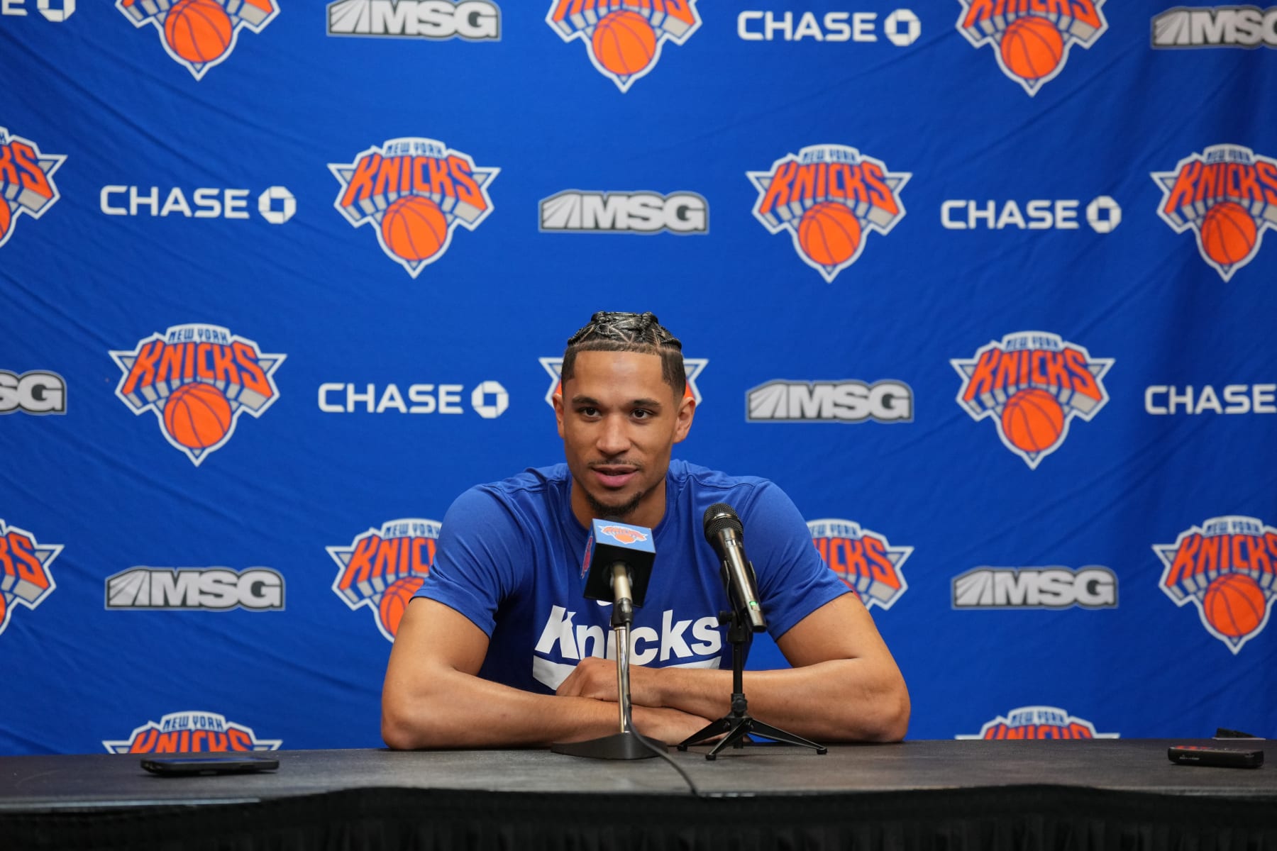 NEW YORK, NY - FEBRUARY 11: Josh Hart #3 of the New York Knicks talks to the media during his introductory Press Conference on February 11, 2023 at Madison Square Garden in New York City, New York.  NOTE TO USER: User expressly acknowledges and agrees that, by downloading and or using this photograph, User is consenting to the terms and conditions of the Getty Images License Agreement. Mandatory Copyright Notice: Copyright 2023 NBAE  (Photo by Jesse D. Garrabrant/NBAE via Getty Images)