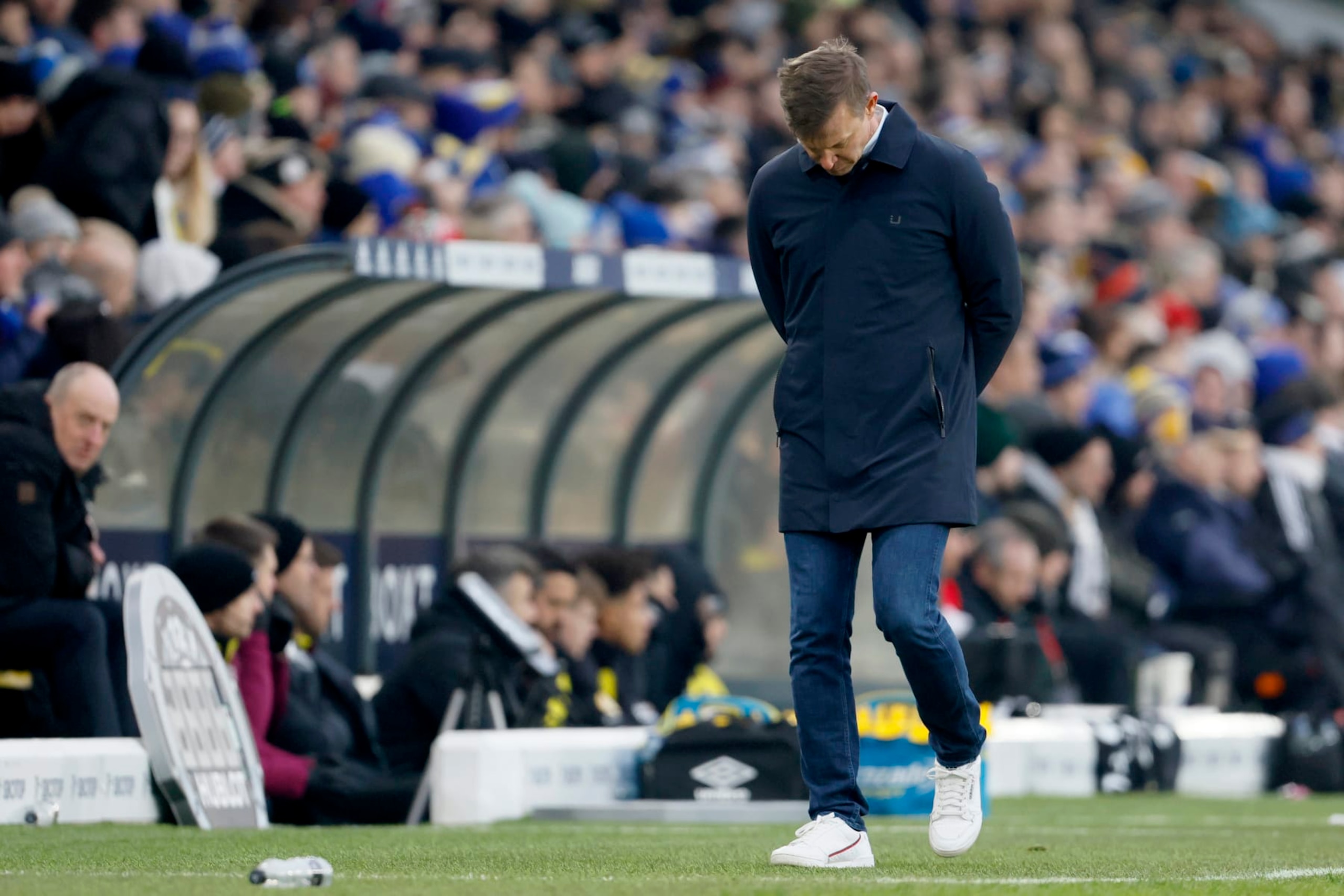 LEEDS, ENGLAND - JANUARY 22: Jesse Marsch, Manager of Leeds United looks dejected during the Premier League match between Leeds United and Brentford FC at Elland Road on January 22, 2023 in Leeds, United Kingdom. (Photo by Richard Sellers/Getty Images)