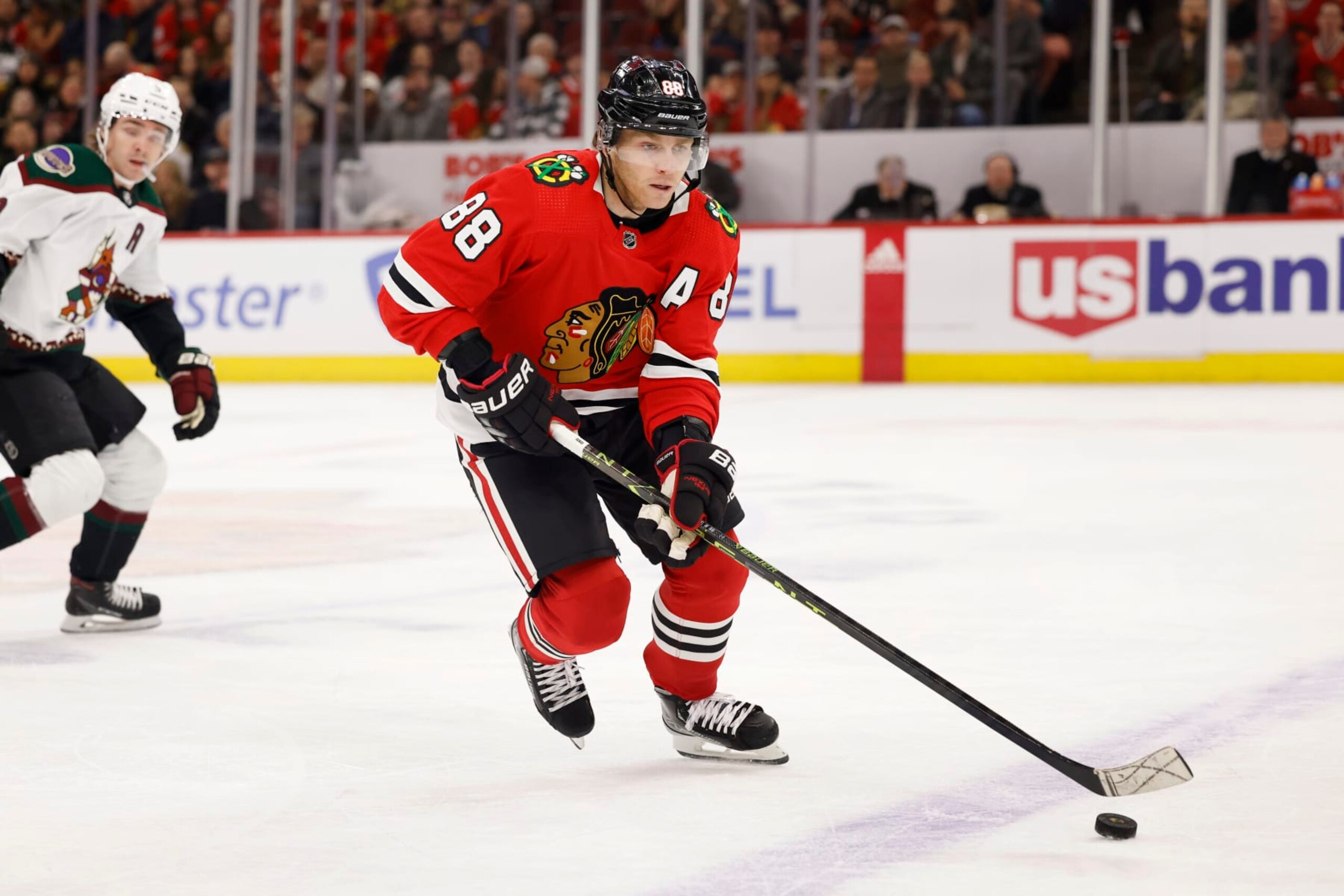 CHICAGO, IL - FEBRUARY 10: Chicago Blackhawks right wing Patrick Kane (88) skates with the puck during an NHL game against the Arizona Coyotes on February 10, 2023 at United Center in Chicago, Illinois. (Photo by Joe Robbins/Icon Sportswire via Getty Images)