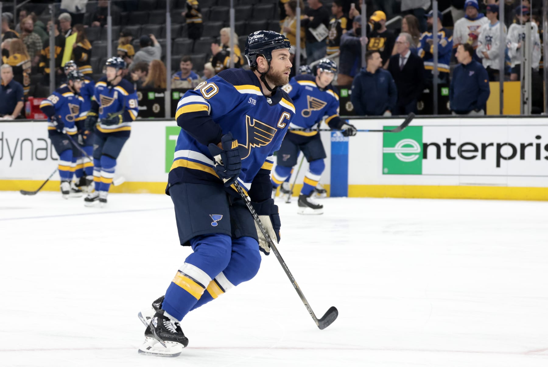 BOSTON, MA - NOVEMBER 07: St. Louis Blues center Ryan O'Reilly (90) in warm up before a game between the Boston Bruins and the St Louis Blues on November 7, 2022, at TD garden in Boston, Massachusetts. (Photo by Fred Kfoury III/Icon Sportswire via Getty Images)