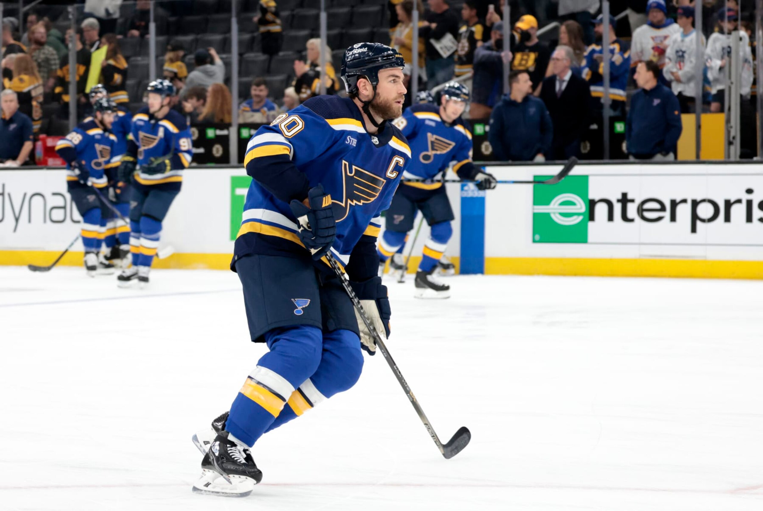 BOSTON, MA - NOVEMBER 07: St. Louis Blues center Ryan O'Reilly (90) in warm up before a game between the Boston Bruins and the St Louis Blues on November 7, 2022, at TD garden in Boston, Massachusetts. (Photo by Fred Kfoury III/Icon Sportswire via Getty Images)