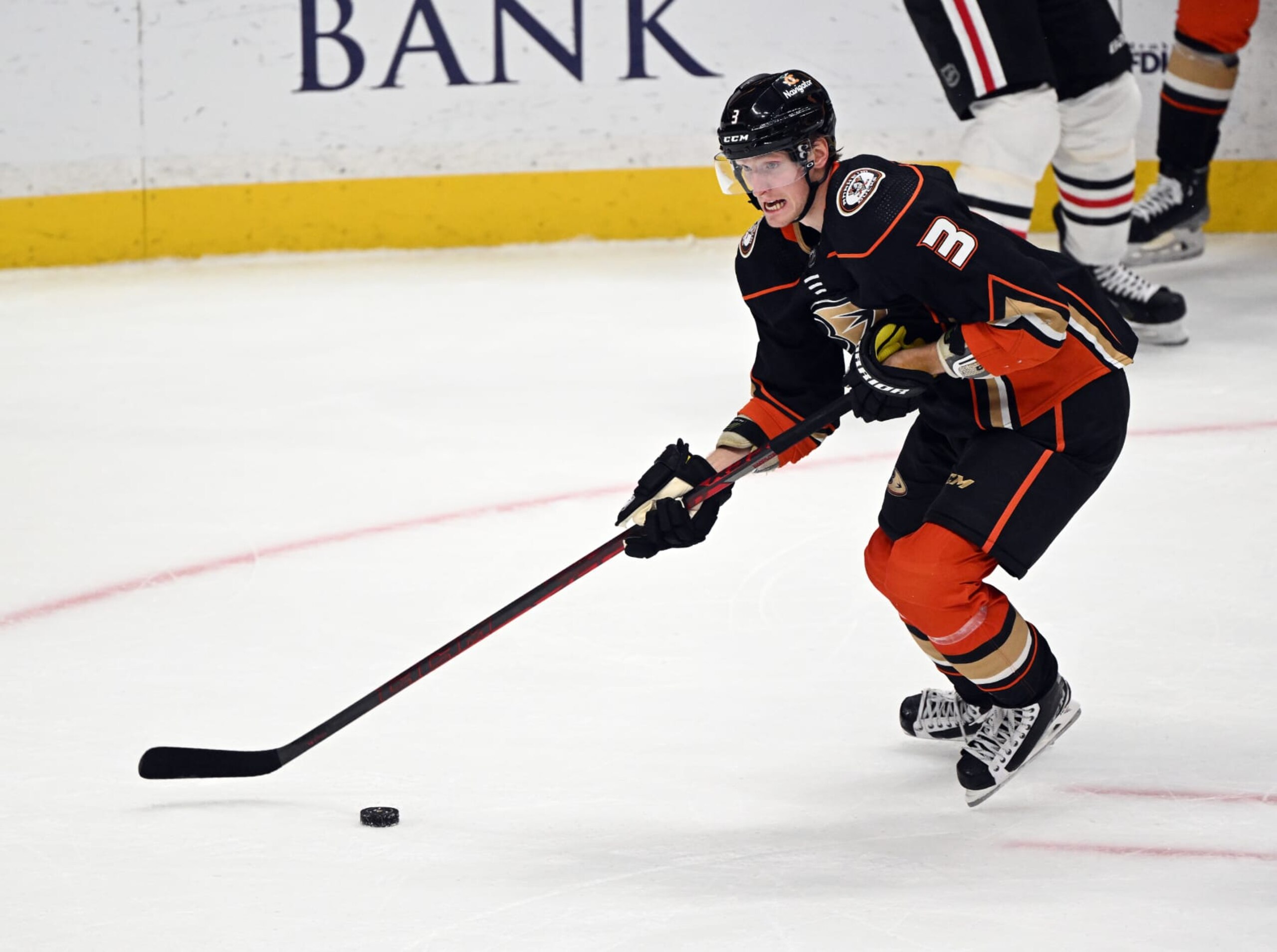 ANAHEIM, CA - NOVEMBER 12: Anaheim Ducks defenseman John Klingberg (3) with the puck during an NHL hockey game against the Chicago Blackhawks played on November 12, 2022 at the Honda Center in Anaheim, CA. (Photo by John Cordes/Icon Sportswire via Getty Images)