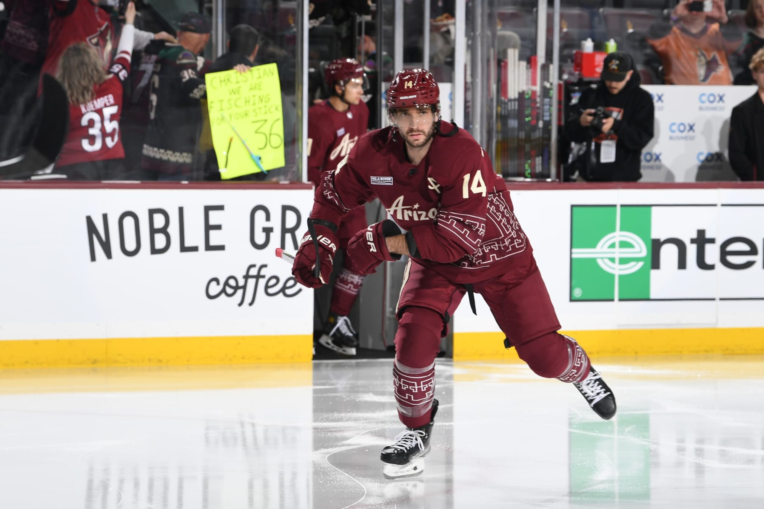 TEMPE, ARIZONA - JANUARY 22: Shayne Gostisbehere #14 of the Arizona Coyotes skates during warmups wearing the new alternate jersey before a game against the Vegas Golden Knights at Mullett Arena on January 22, 2023 in Tempe, Arizona. (Photo by Norm Hall/NHLI via Getty Images)