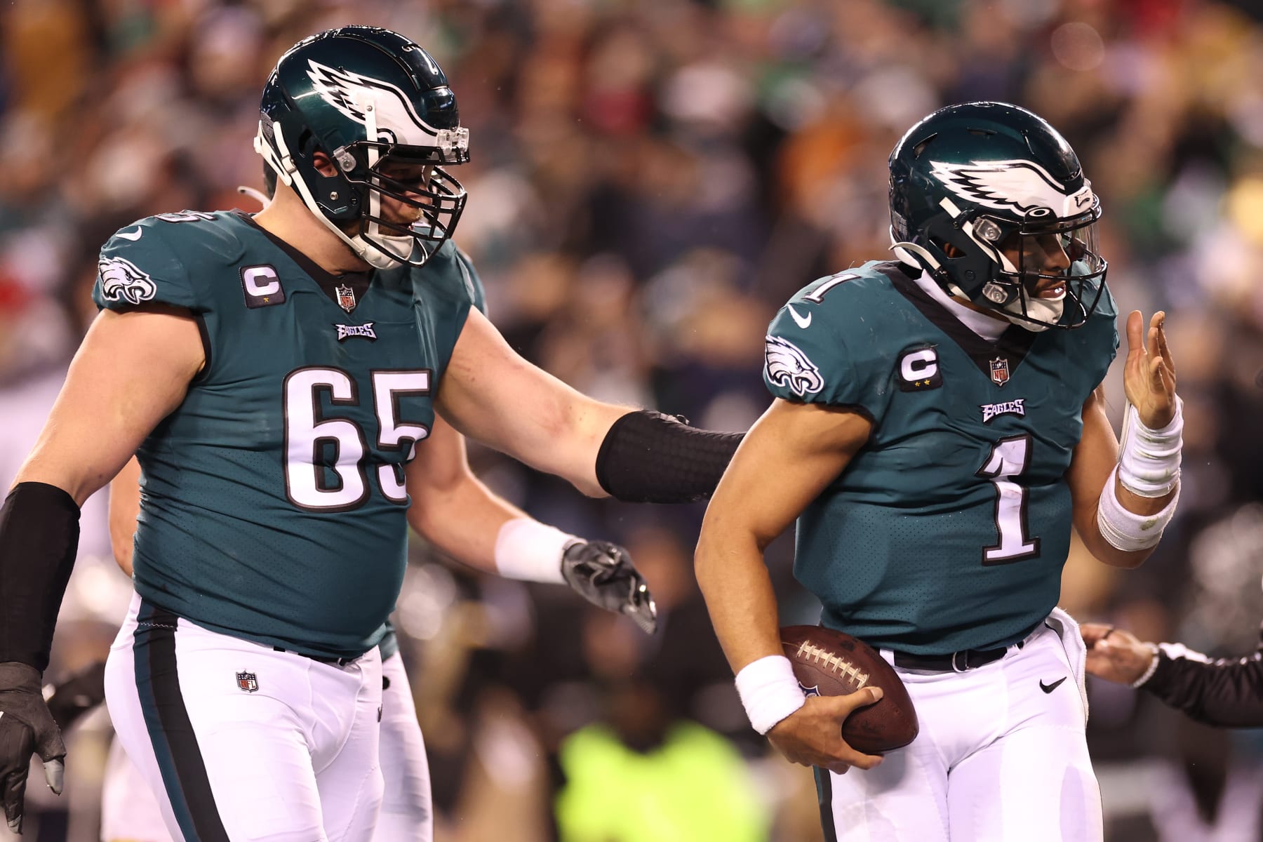 PHILADELPHIA, PENNSYLVANIA - JANUARY 29: Jalen Hurts #1 of the Philadelphia Eagles celebrates after scoring a touchdown against the San Francisco 49ers during the third quarter in the NFC Championship Game at Lincoln Financial Field on January 29, 2023 in Philadelphia, Pennsylvania. (Photo by Tim Nwachukwu/Getty Images)