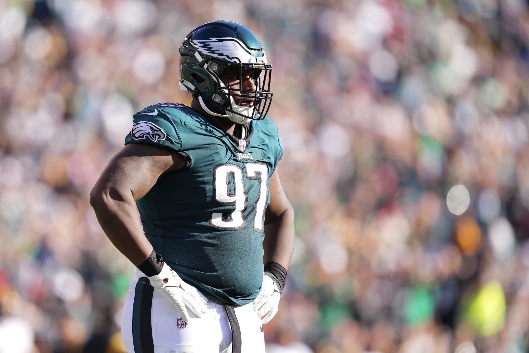 PHILADELPHIA, PA - OCTOBER 30: Javon Hargrave #97 of the Philadelphia Eagles looks on against the Pittsburgh Steelers at Lincoln Financial Field on October 30, 2022 in Philadelphia, Pennsylvania. (Photo by Mitchell Leff/Getty Images)