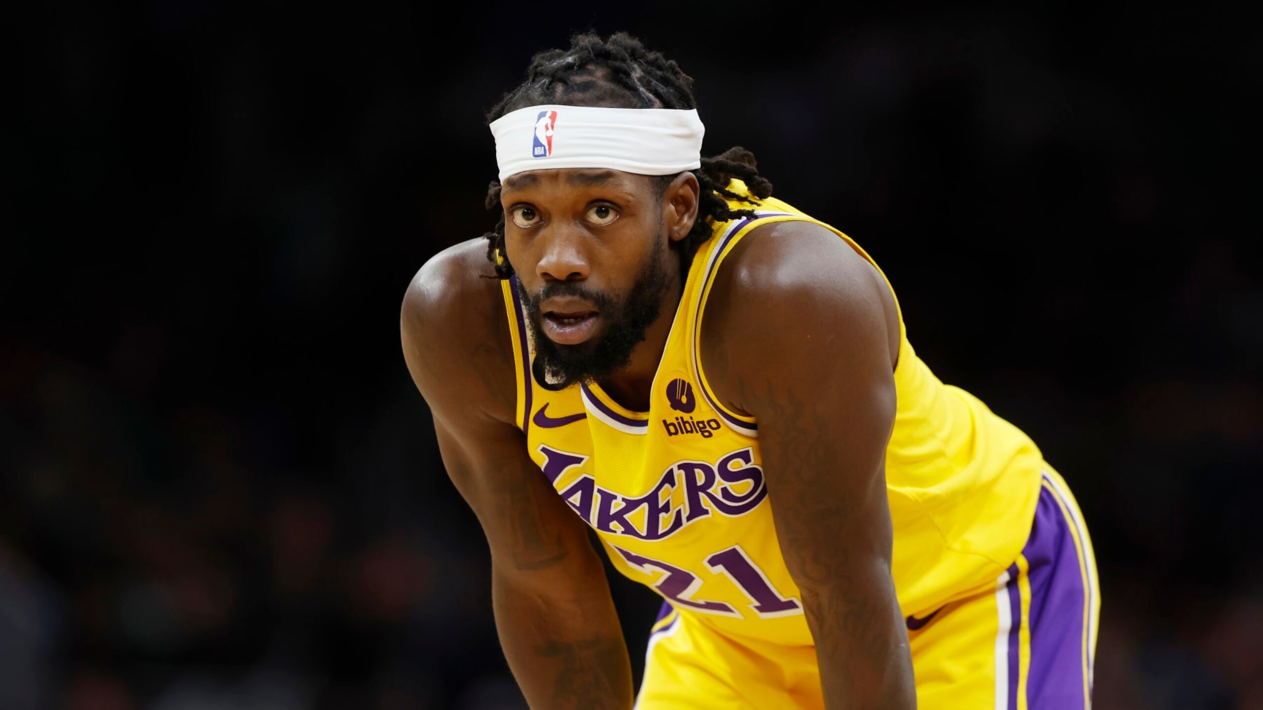 Los Angeles Lakers' Patrick Beverley plays against the Boston Celtics during the second half of an NBA basketball game, Saturday, Jan. 28, 2023, in Boston. (AP Photo/Michael Dwyer)