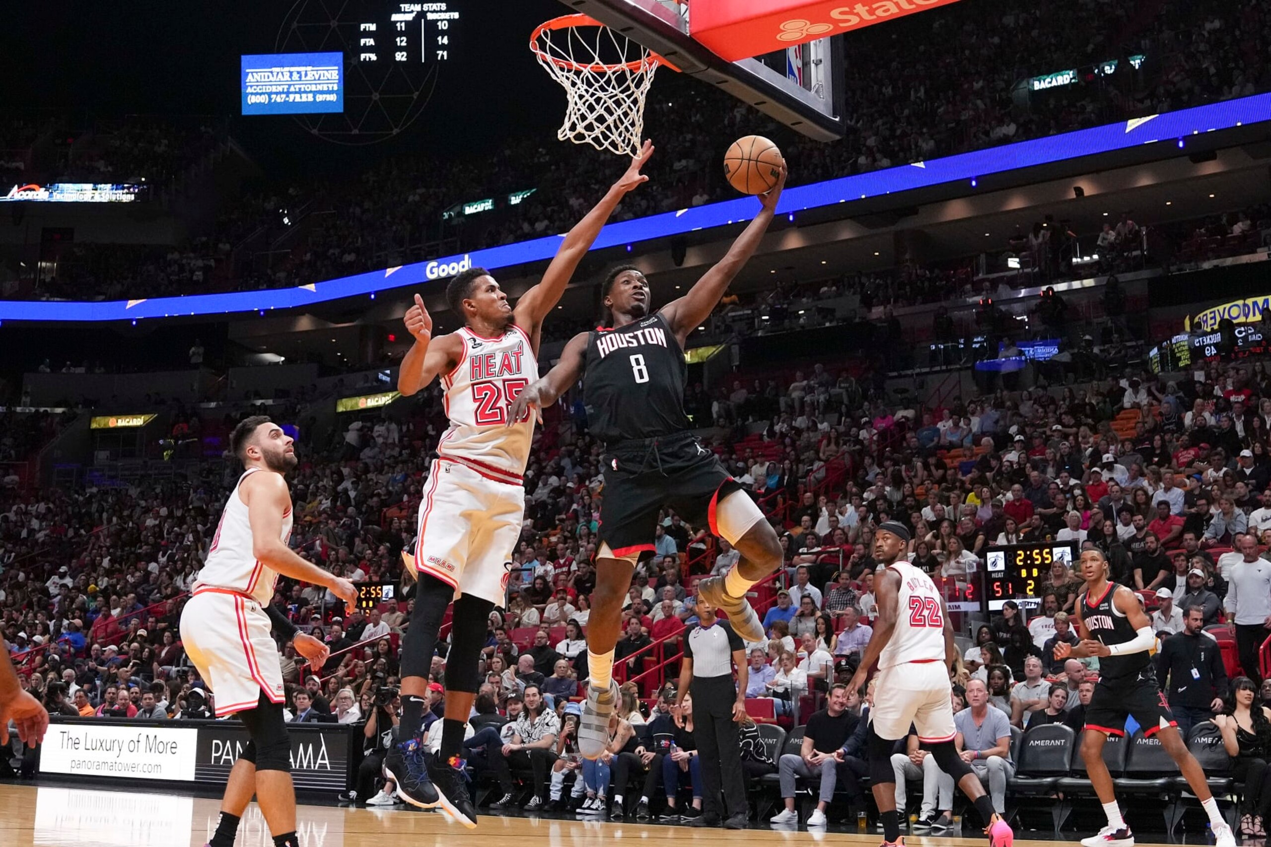 MIAMI, FLORIDA - FEBRUARY 10: Justin Holiday #8 of the Houston Rockets attempts a layup past Orlando Robinson #25 of the Miami Heat during the first half at Miami-Dade Arena on February 10, 2023 in Miami, Florida. NOTE TO USER: User expressly acknowledges and agrees that,ย by downloading and or using this photograph,ย User is consenting to the terms and conditions of the Getty Images License Agreement. (Photo by Eric Espada/Getty Images) MIAMI, FLORIDA - FEBRUARY 10: Justin Holiday #8 of the Houston Rockets attempts a layup past Orlando Robinson #25 of the Miami Heat during the first half at Miami-Dade Arena on February 10, 2023 in Miami, Florida. NOTE TO USER: User expressly acknowledges and agrees that,ย by downloading and or using this photograph,ย User is consenting to the terms and conditions of the Getty Images License Agreement. (Photo by Eric Espada/Getty Images)