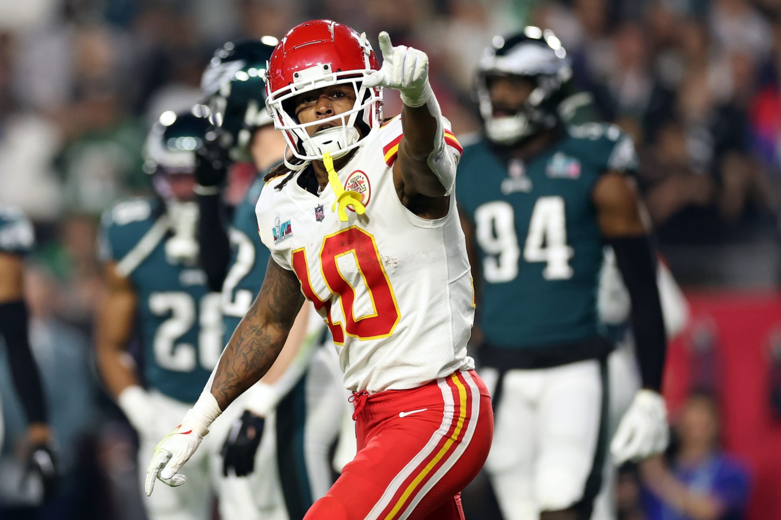 GLENDALE, ARIZONA - FEBRUARY 12: Isiah Pacheco #10 of the Kansas City Chiefs celebrates after running for a one yard touchdown during the third quarter against the Philadelphia Eagles in Super Bowl LVII at State Farm Stadium on February 12, 2023 in Glendale, Arizona. (Photo by Christian Petersen/Getty Images)