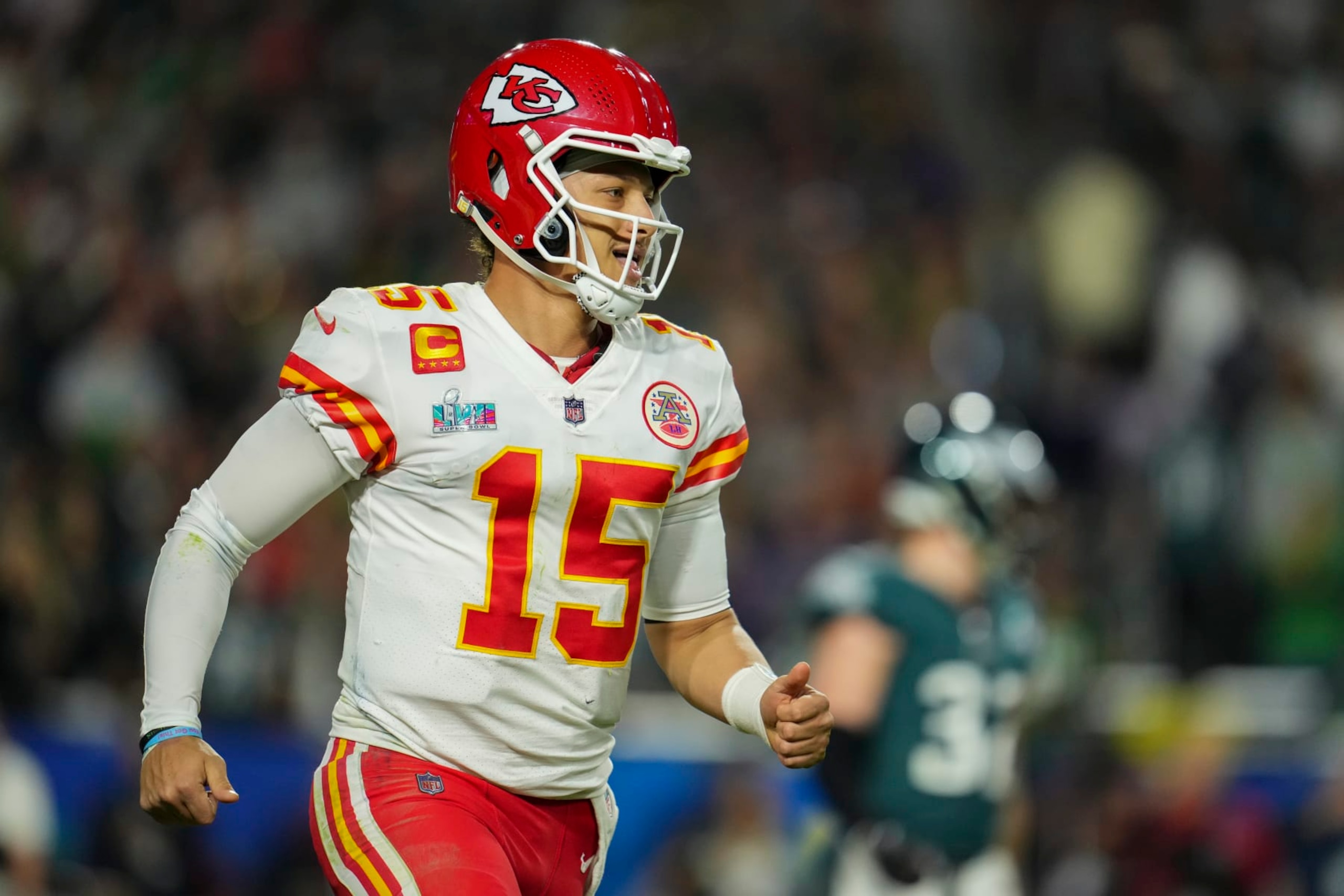 GLENDALE, AZ - FEBRUARY 12: Patrick Mahomes #15 of the Kansas City Chiefs celebrates against the Philadelphia Eagles during the fourth quarter in Super Bowl LVII at State Farm Stadium on February 12, 2023 in Glendale, Arizona. (Photo by Cooper Neill/Getty Images)