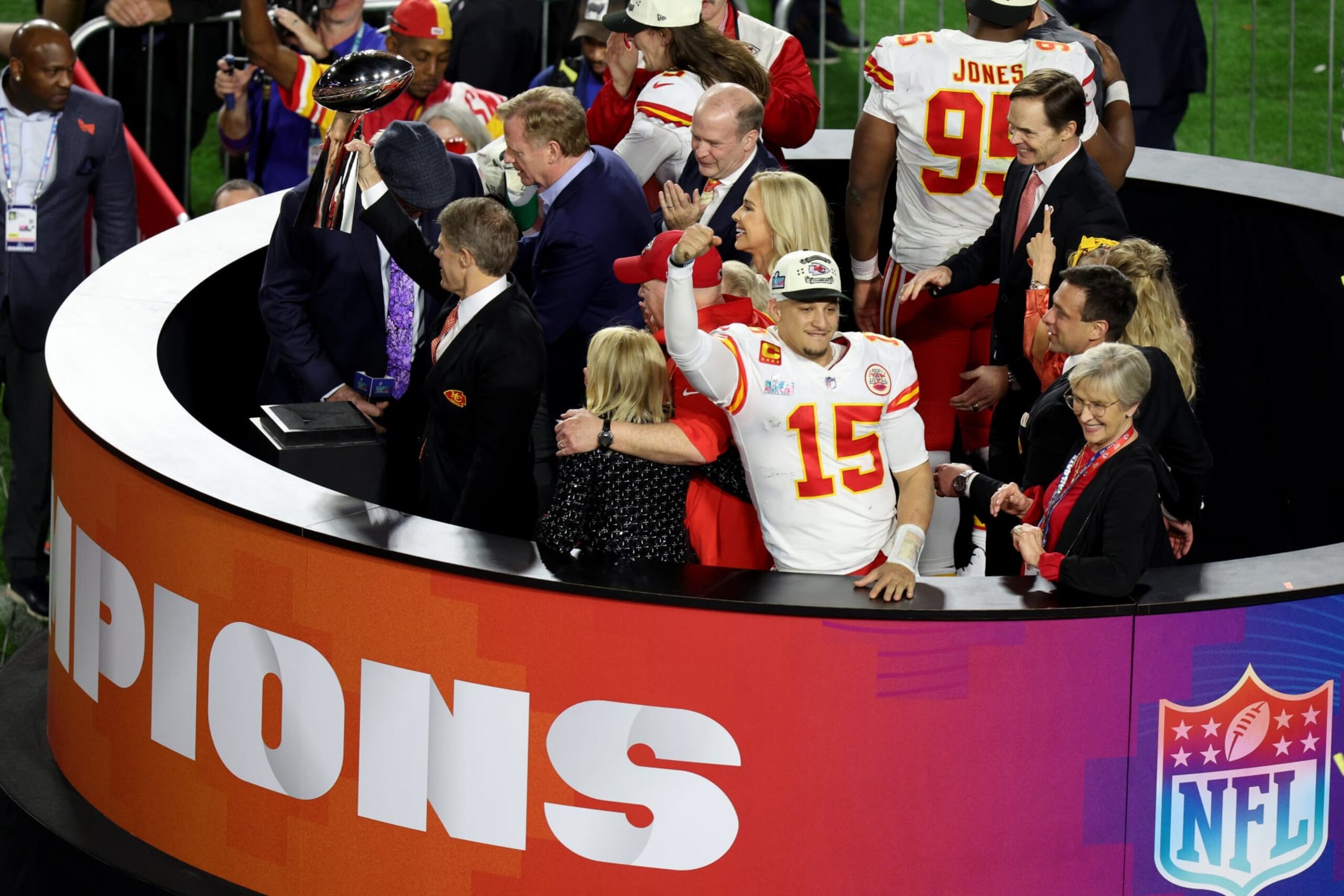 GLENDALE, ARIZONA - FEBRUARY 12: Patrick Mahomes #15 of the Kansas City Chiefs celebrates after beating the Philadelphia Eagles in Super Bowl LVII at State Farm Stadium on February 12, 2023 in Glendale, Arizona. (Photo by Rob Carr/Getty Images)