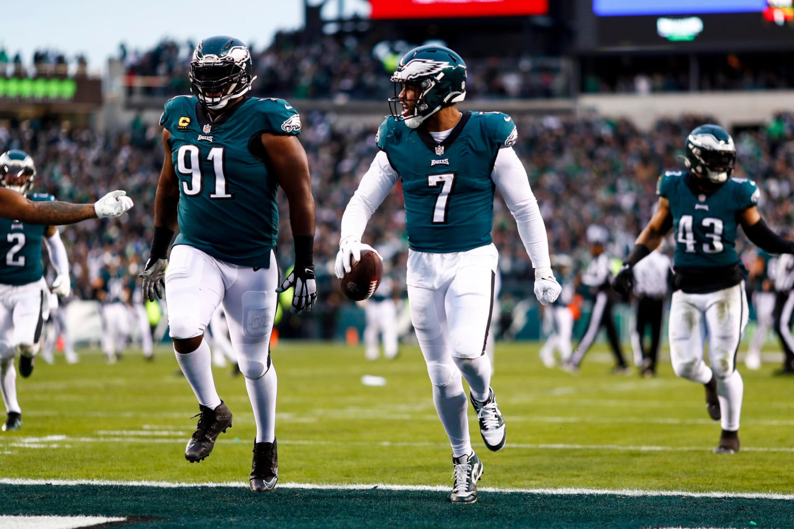 PHILADELPHIA, PA - JANUARY 29: Haason Reddick #7 of the Philadelphia Eagles celebrates with teammates after recovering a fumble during the second quarter of the NFC Championship NFL football game against the San Francisco 49ers at Lincoln Financial Field on January 29, 2023 in Philadelphia, Pennsylvania. (Photo by Kevin Sabitus/Getty Images)