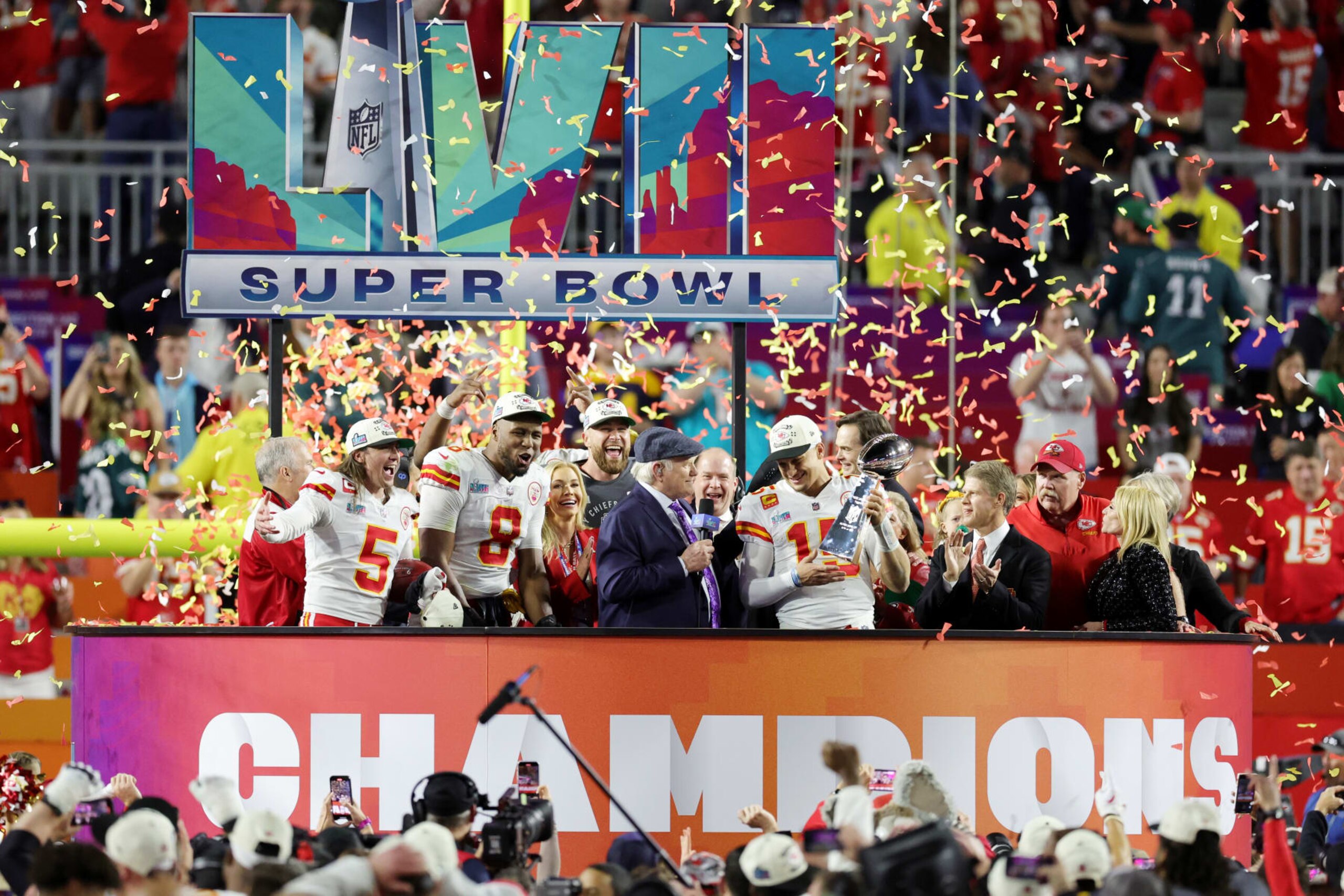 GLENDALE, ARIZONA - FEBRUARY 12: Patrick Mahomes #15 of the Kansas City Chiefs celebrates with the the Vince Lombardi Trophy after defeating the Philadelphia Eagles 38-35 in Super Bowl LVII at State Farm Stadium on February 12, 2023 in Glendale, Arizona. (Photo by Carmen Mandato/Getty Images)