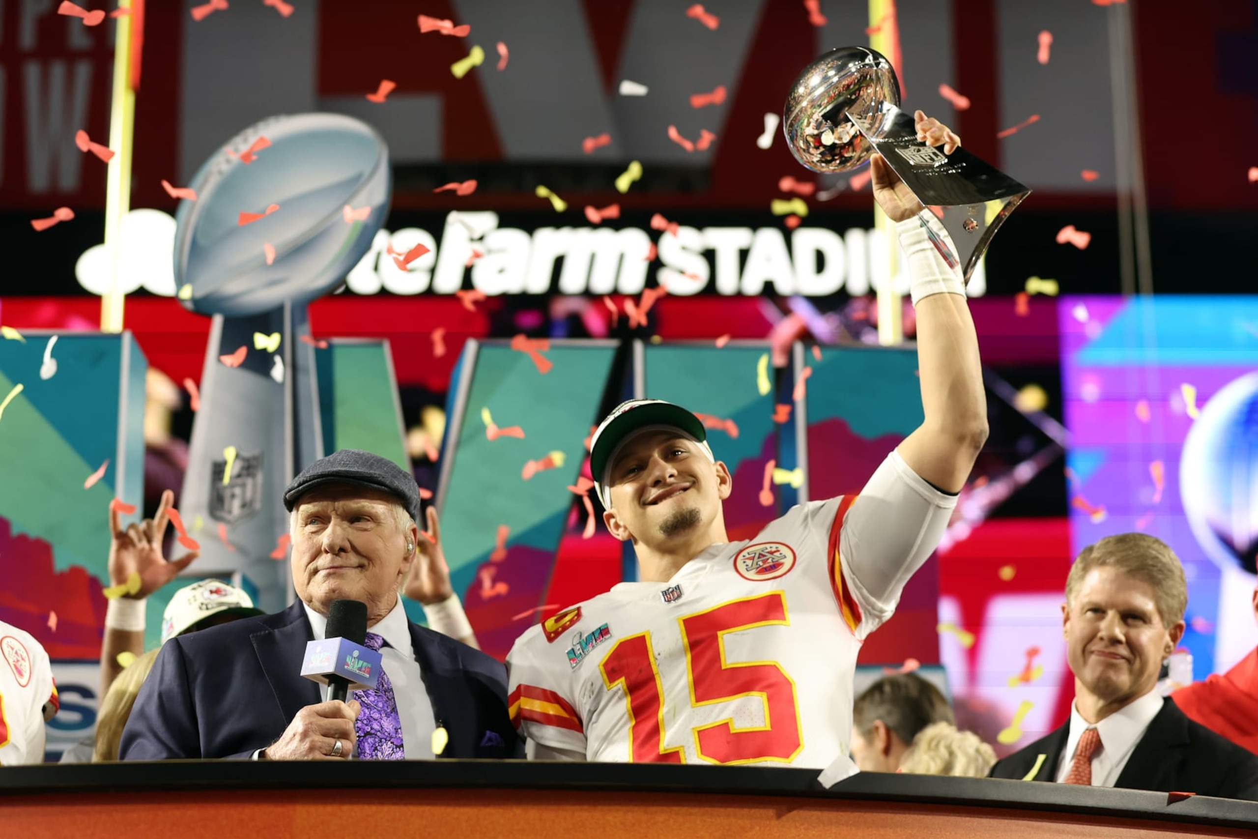 GLENDALE, ARIZONA - FEBRUARY 12: Patrick Mahomes #15 of the Kansas City Chiefs celebrates with the the Vince Lombardi Trophy after defeating the Philadelphia Eagles 38-35 in Super Bowl LVII at State Farm Stadium on February 12, 2023 in Glendale, Arizona. (Photo by Christian Petersen/Getty Images)