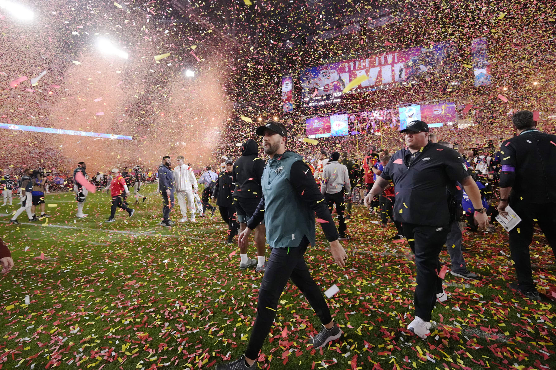 Philadelphia Eagles head coach Nick Sirianni leaves the field after their loss against the Kansas City Chiefs in the NFL Super Bowl 57 football game, Sunday, Feb. 12, 2023, in Glendale, Ariz. Kansas City Chiefs defeated the Philadelphia Eagles 38-35. (AP Photo/Matt Slocum)