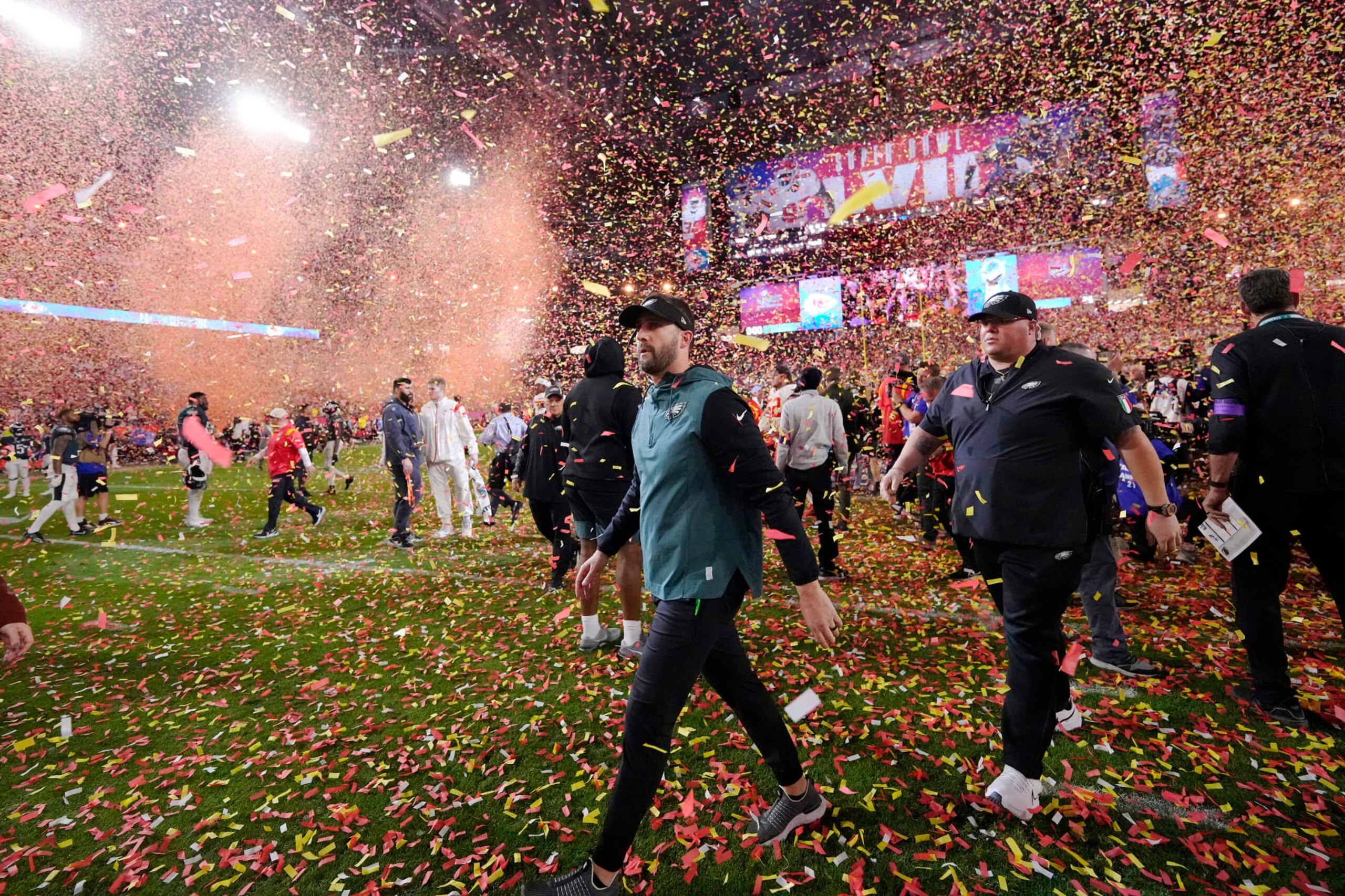Philadelphia Eagles head coach Nick Sirianni leaves the field after their loss against the Kansas City Chiefs in the NFL Super Bowl 57 football game, Sunday, Feb. 12, 2023, in Glendale, Ariz. Kansas City Chiefs defeated the Philadelphia Eagles 38-35. (AP Photo/Matt Slocum)
